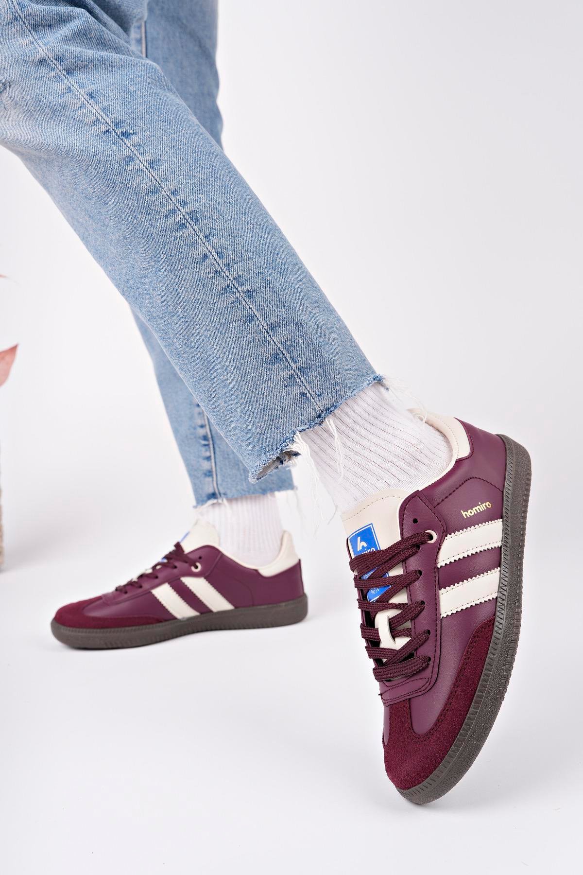 Bağcıklı Unisex Spor Sneaker Ayakkabı-Bordo-Bej