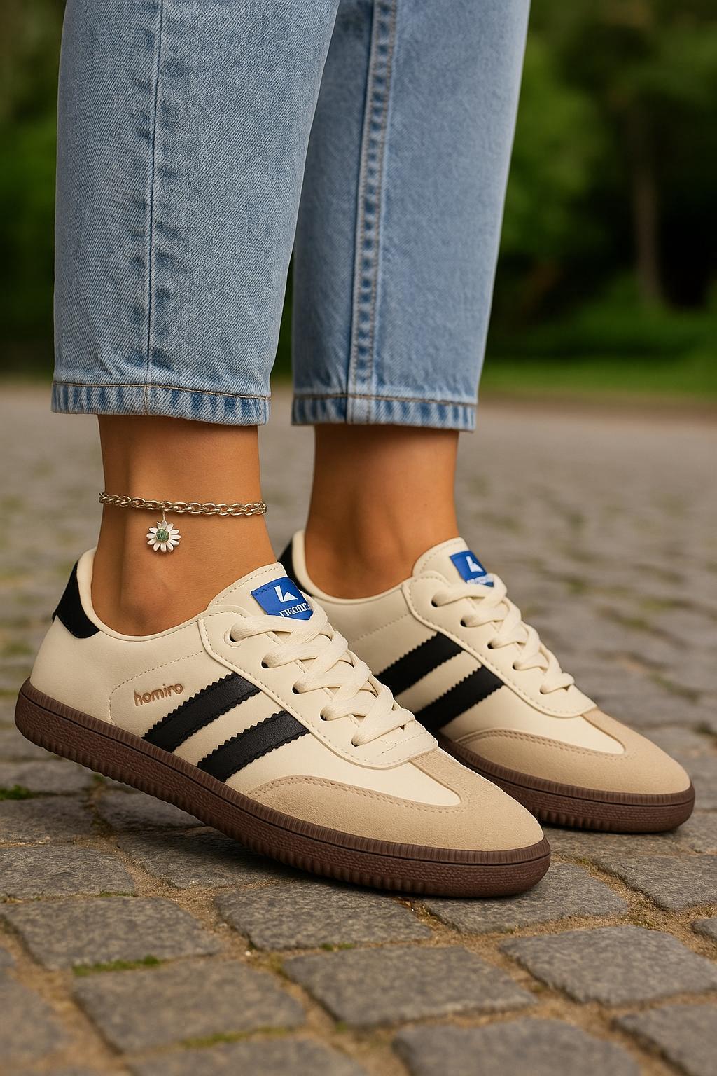 Bağcıklı Unisex Spor Sneaker Ayakkabı-Bej-Siyah