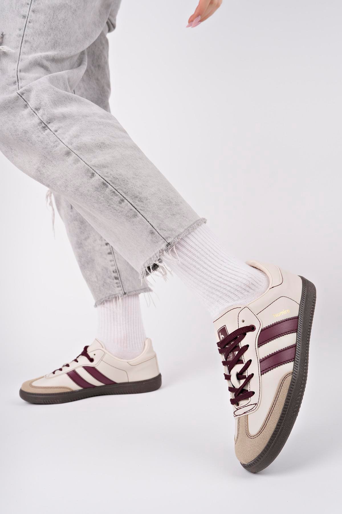Bağcıklı Unisex Spor Sneaker Ayakkabı-Bej-Bordo