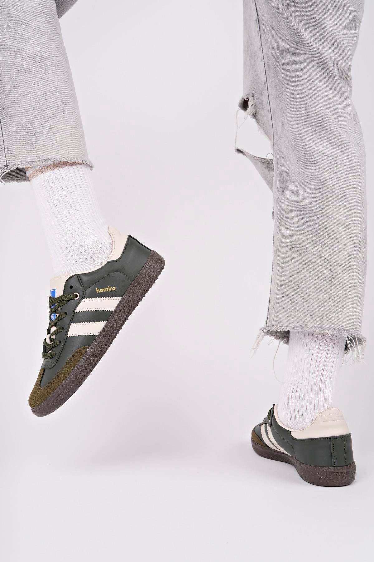 Bağcıklı Unisex Spor Sneaker Ayakkabı-Haki-Bej