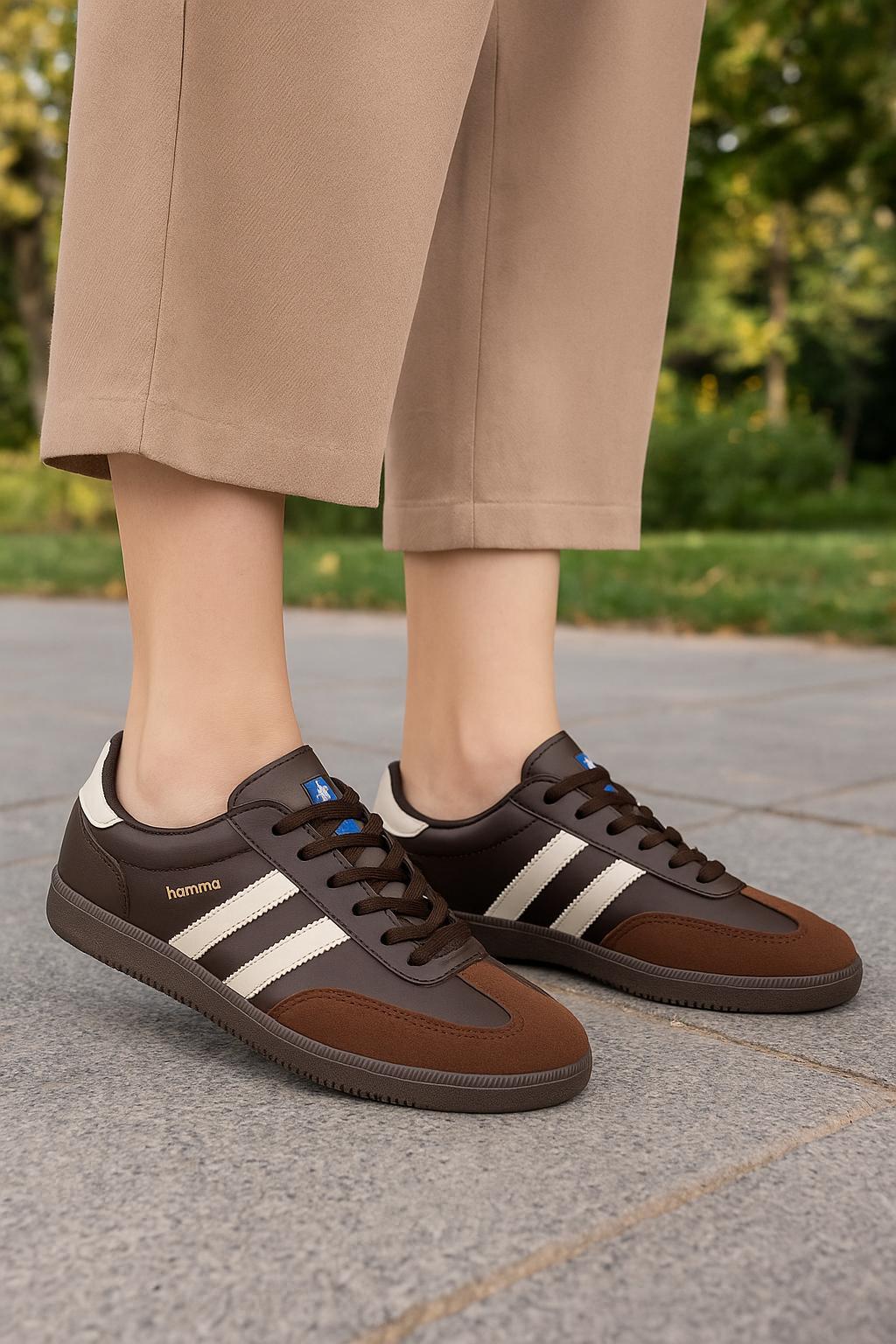 Bağcıklı Unisex Spor Sneaker Ayakkabı-Kahve-Bej