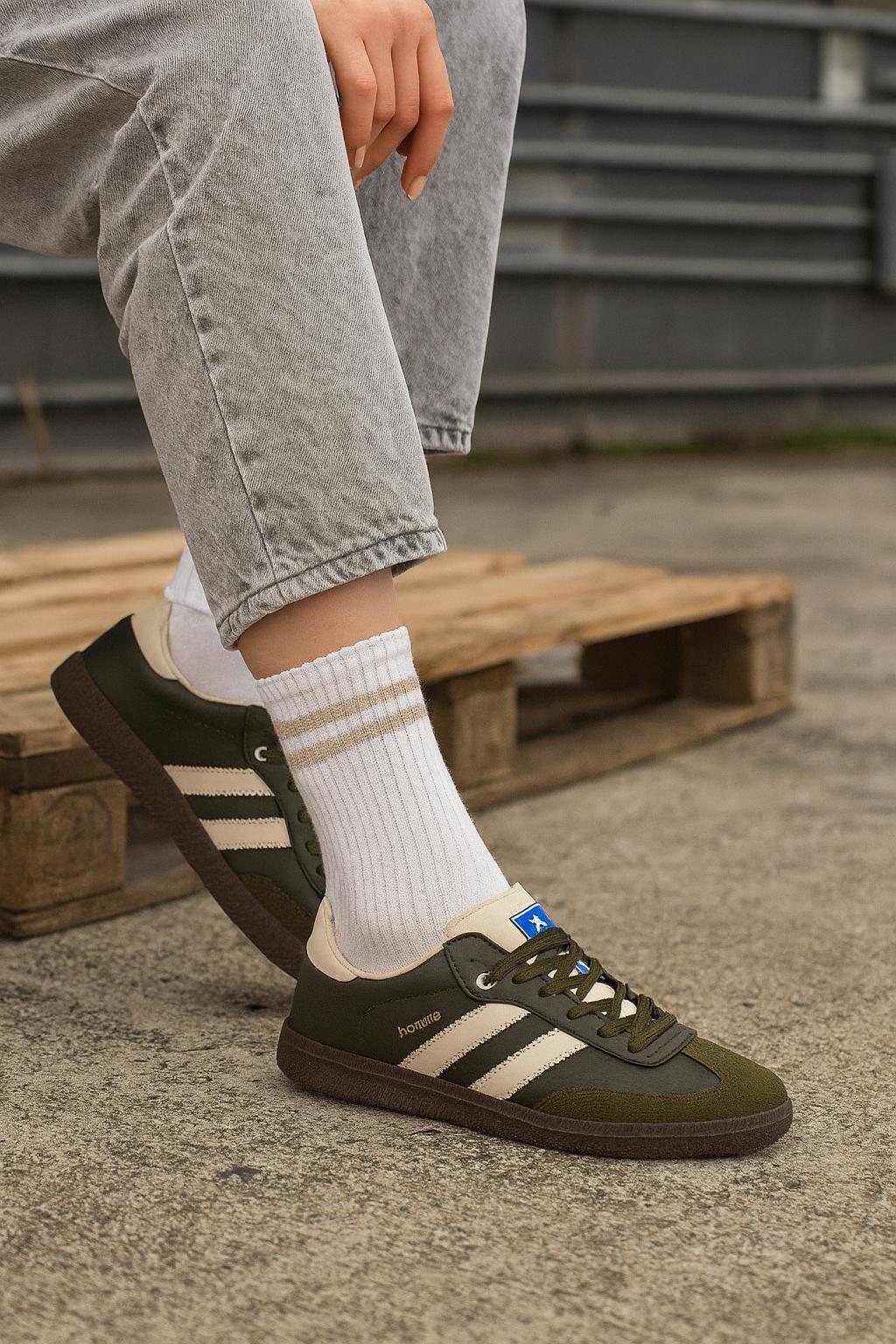 Bağcıklı Unisex Spor Sneaker Ayakkabı-Haki-Bej