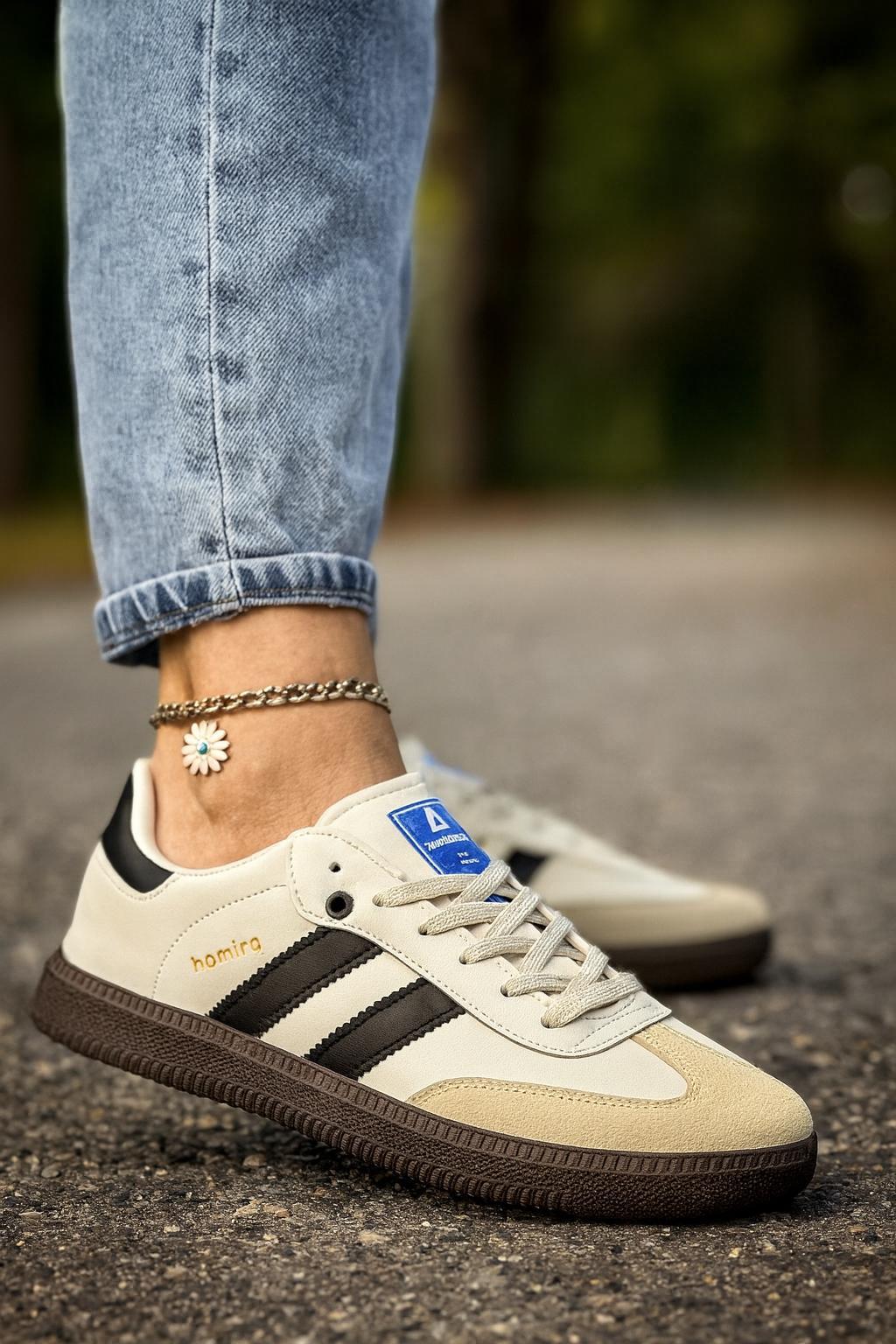 Bağcıklı Unisex Spor Sneaker Ayakkabı-Bej-Siyah