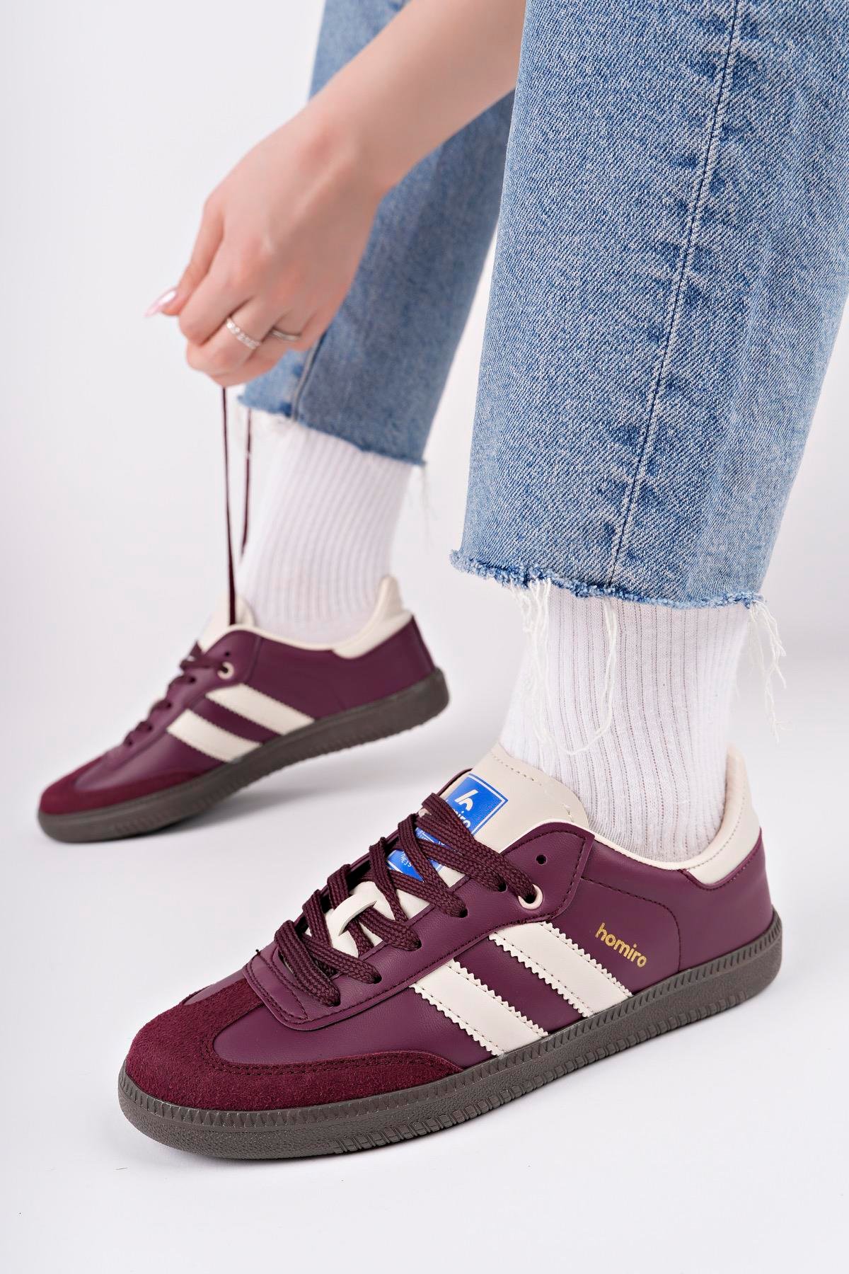 Bağcıklı Unisex Spor Sneaker Ayakkabı-Bordo-Bej