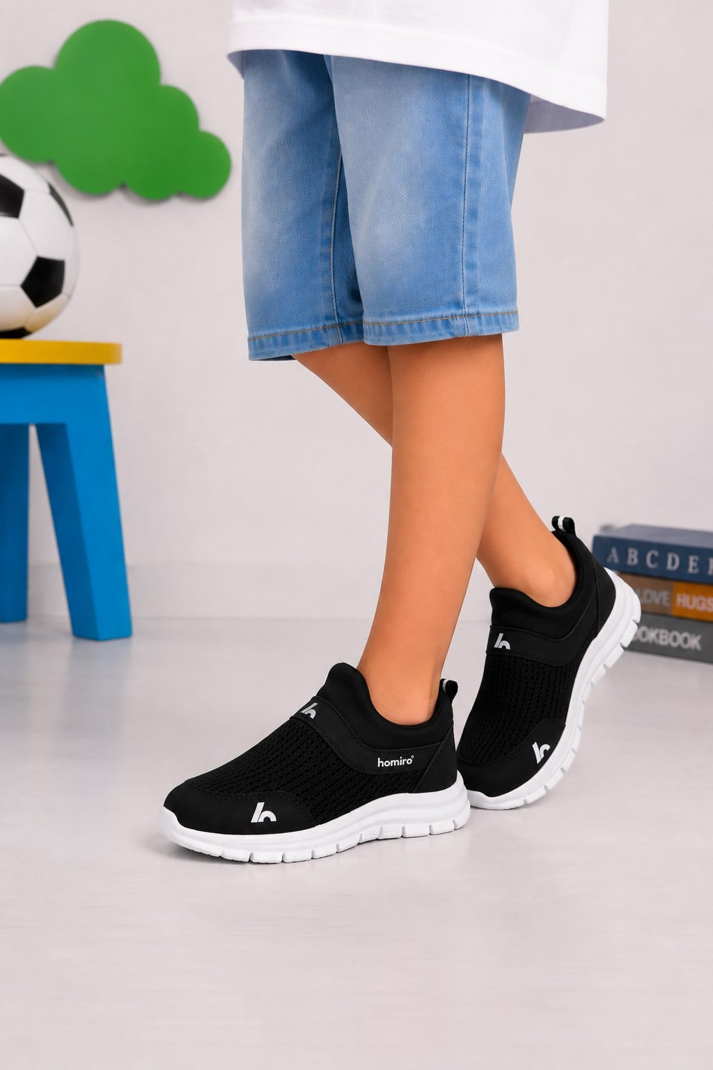 Bağcıksız Çocuk Triko Spor Ayakkabı-Siyah Beyaz
