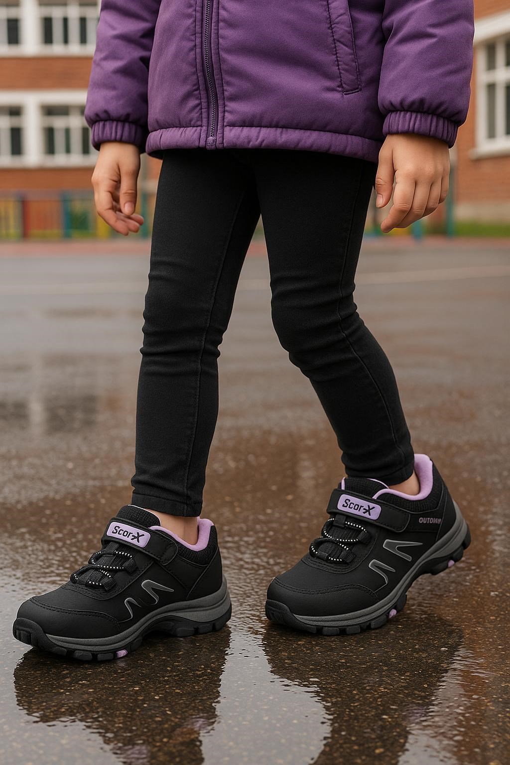 Bantlı Unisex Kısa Çocuk Spor Outdoor Ayakkabı-Siyah-Lila