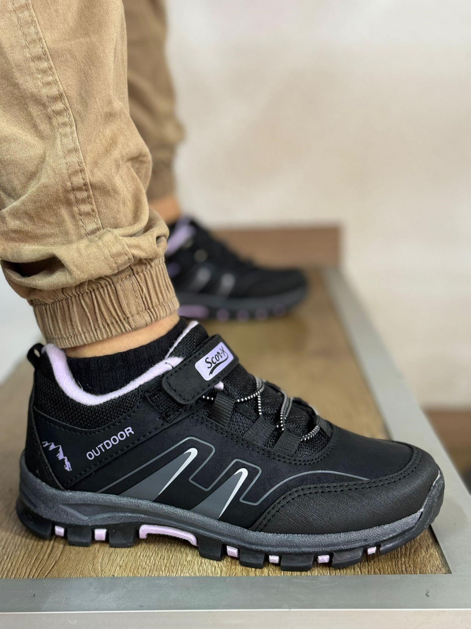 Bantlı Unisex Kısa Çocuk Spor Outdoor Ayakkabı-Siyah-Lila