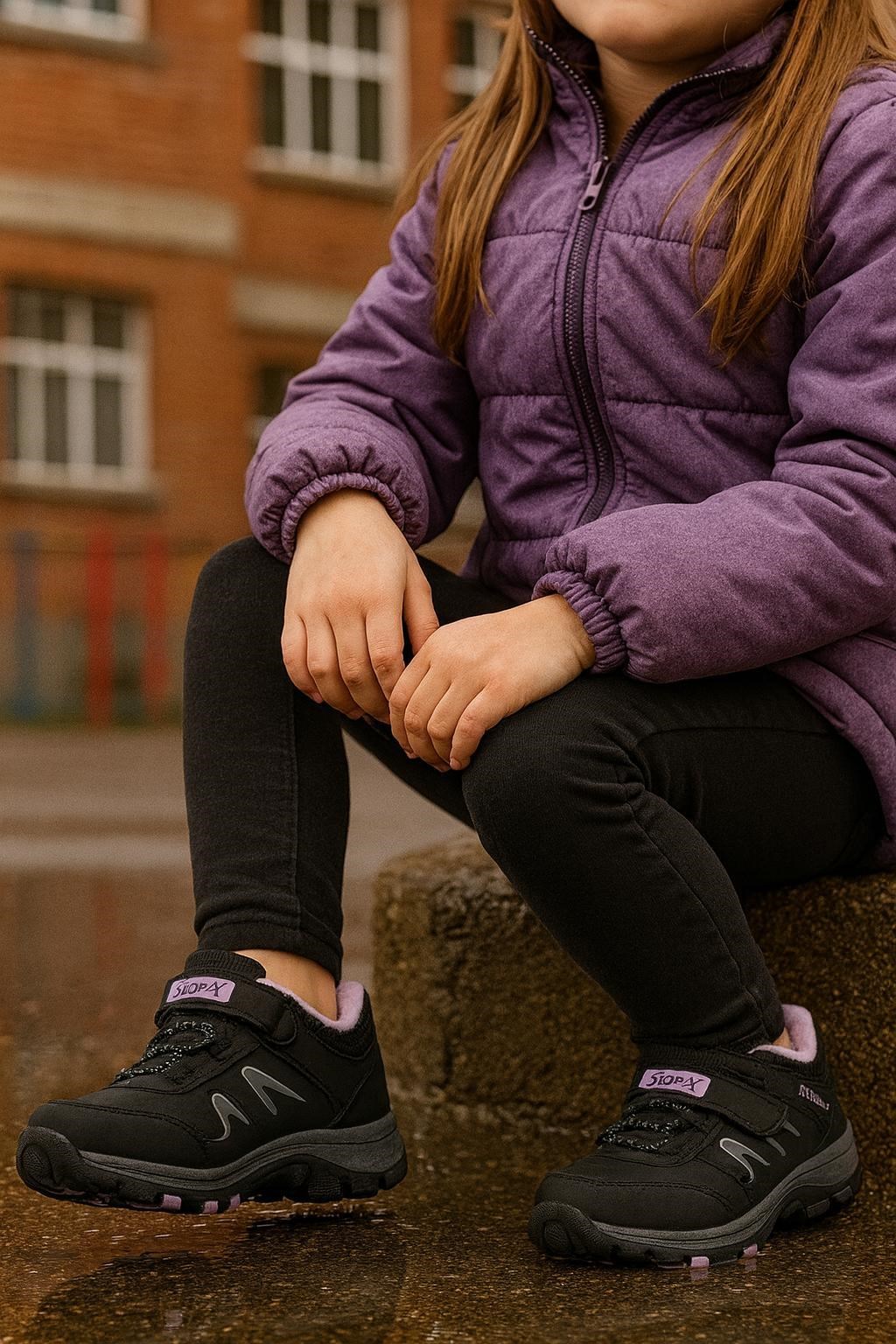 Bantlı Unisex Kısa Çocuk Spor Outdoor Ayakkabı-Siyah-Lila