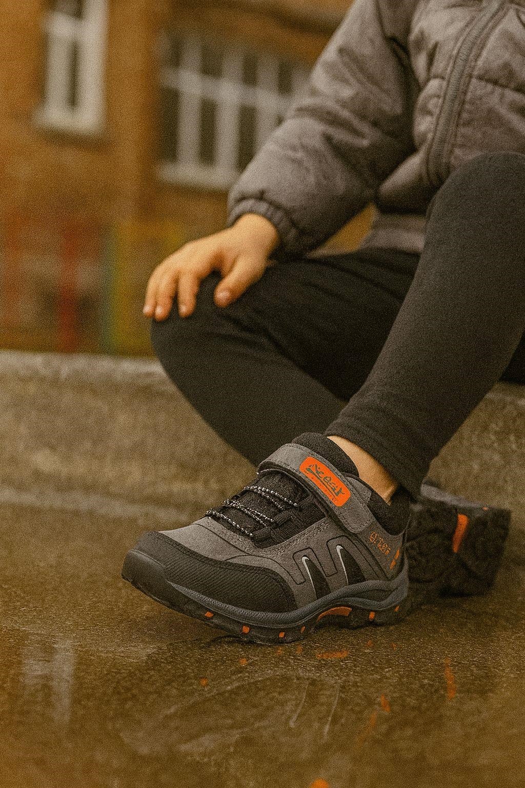 Bantlı Unisex Kısa Çocuk Spor Outdoor Ayakkabı-Füme-Oranj
