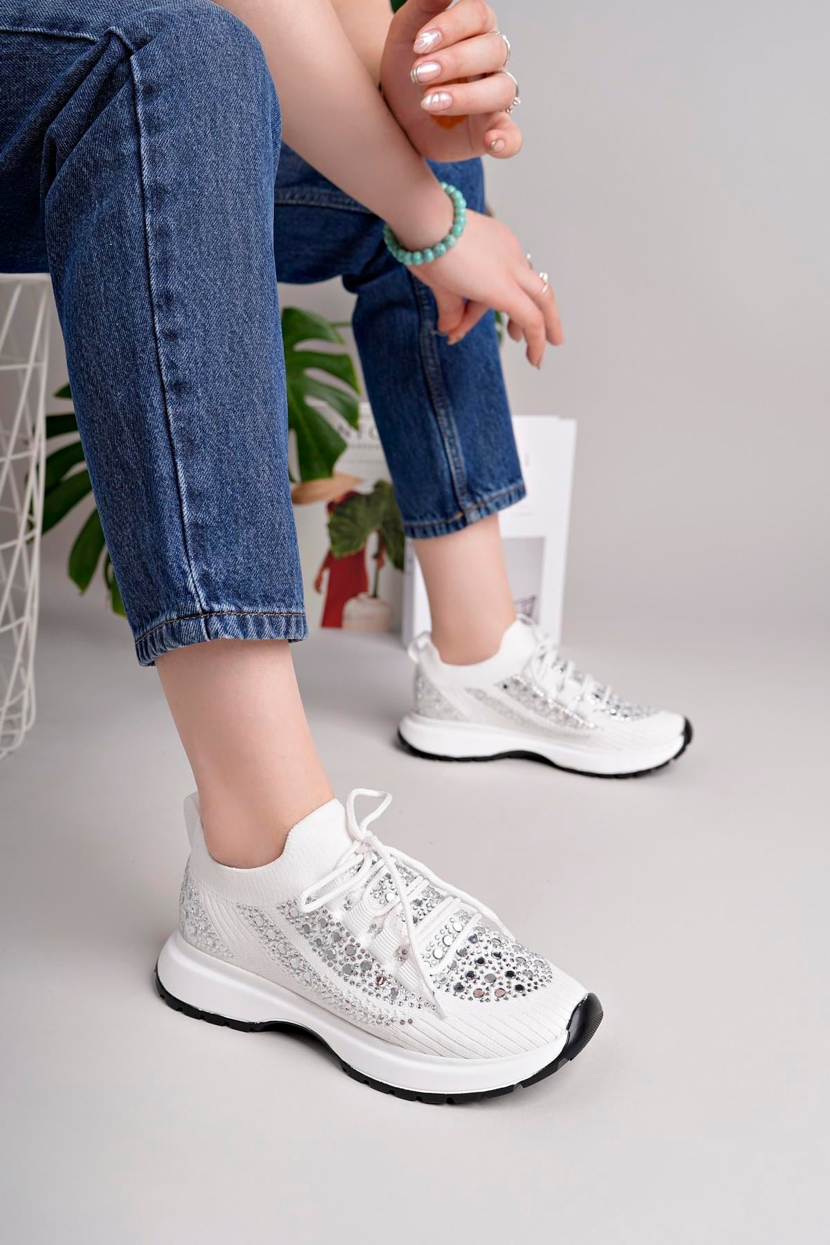Kadın Bağcıklı Pullu  Triko Poli Taban Spor Sneaker Ayakkabı-Beyaz
