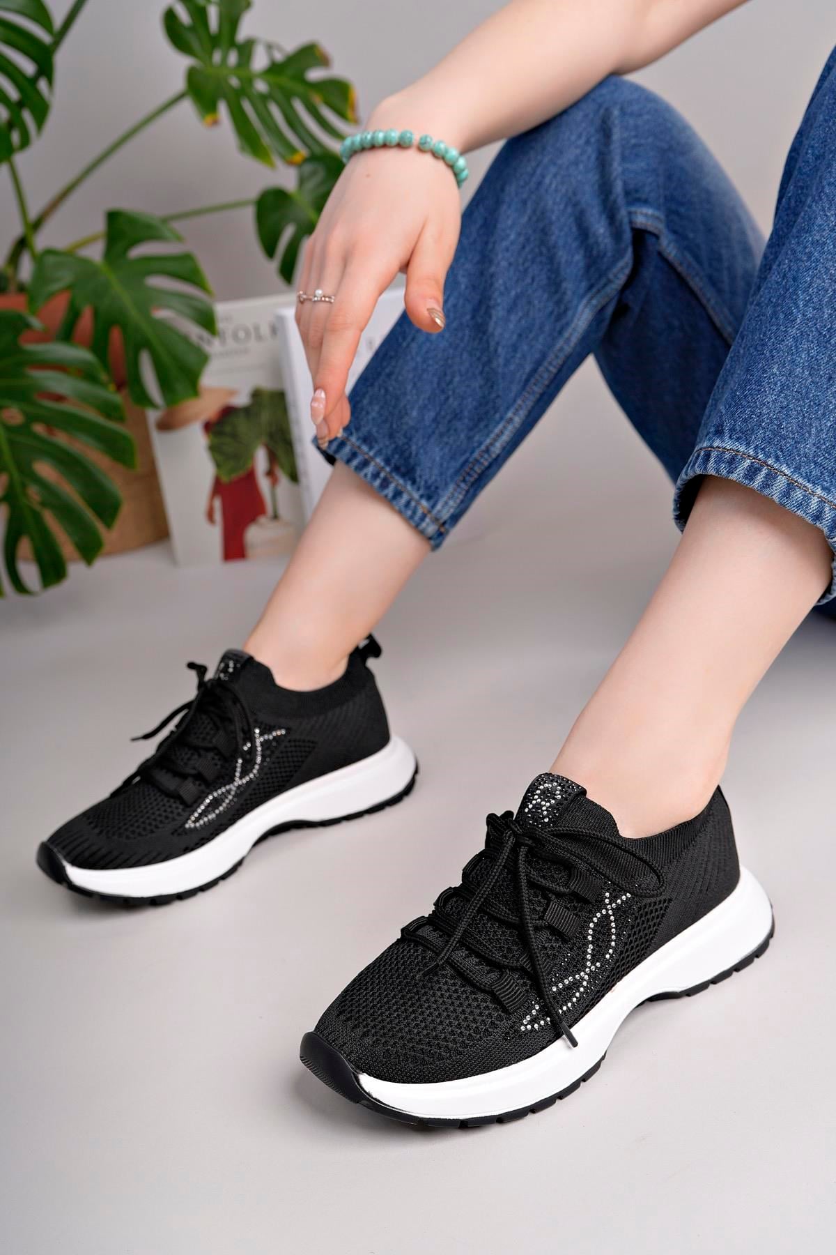 Kadın Bağcıklı Triko Poli Taban Spor Sneaker Ayakkabı-Siyah