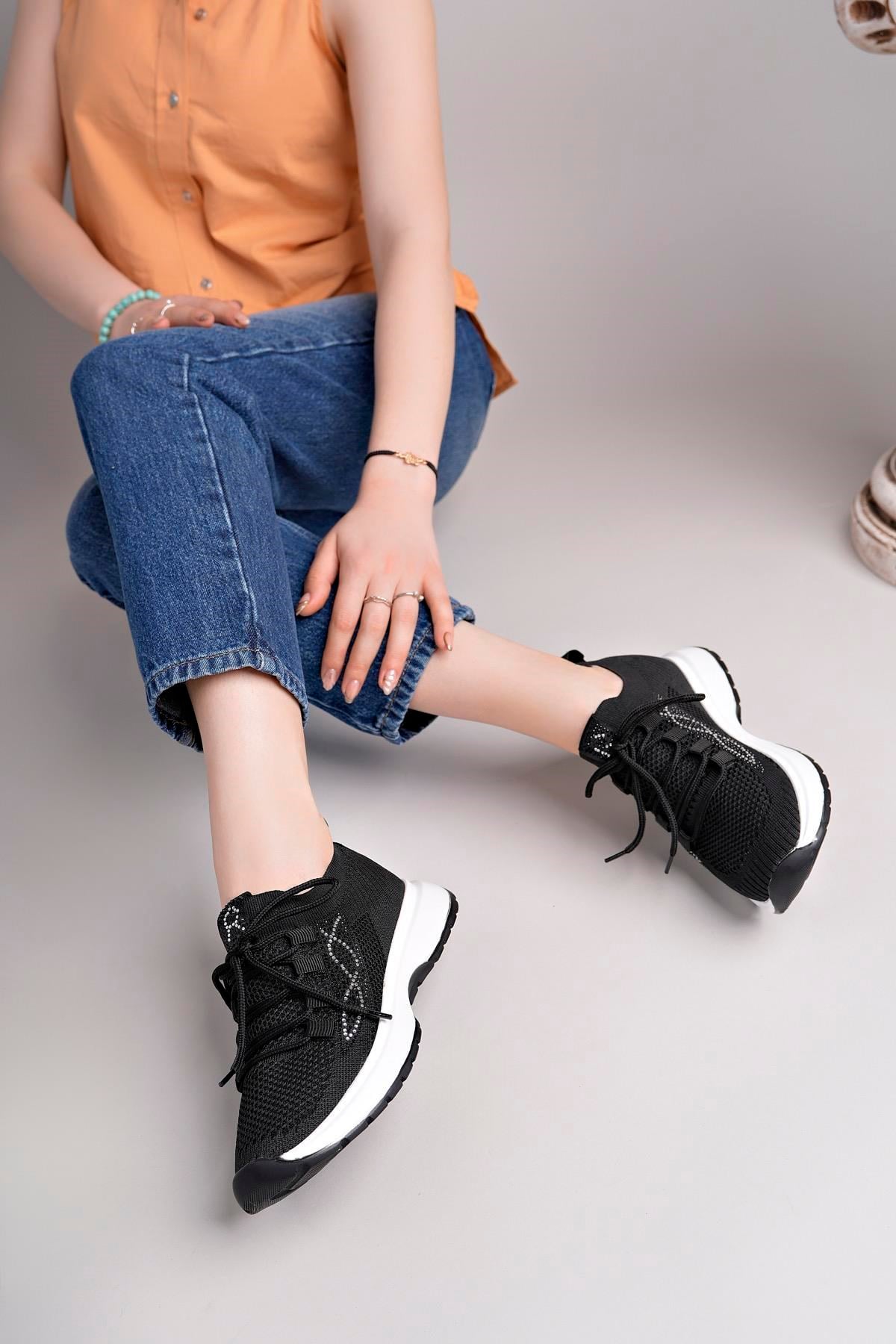 Kadın Bağcıklı Triko Poli Taban Spor Sneaker Ayakkabı-Siyah