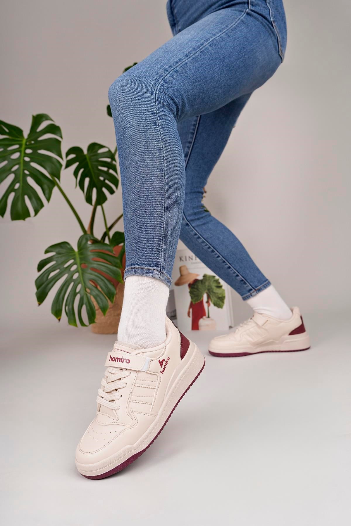 Unisex Bağcıklı Cırtlı Spor Sneaker Ayakkabı-Krem-Bordo