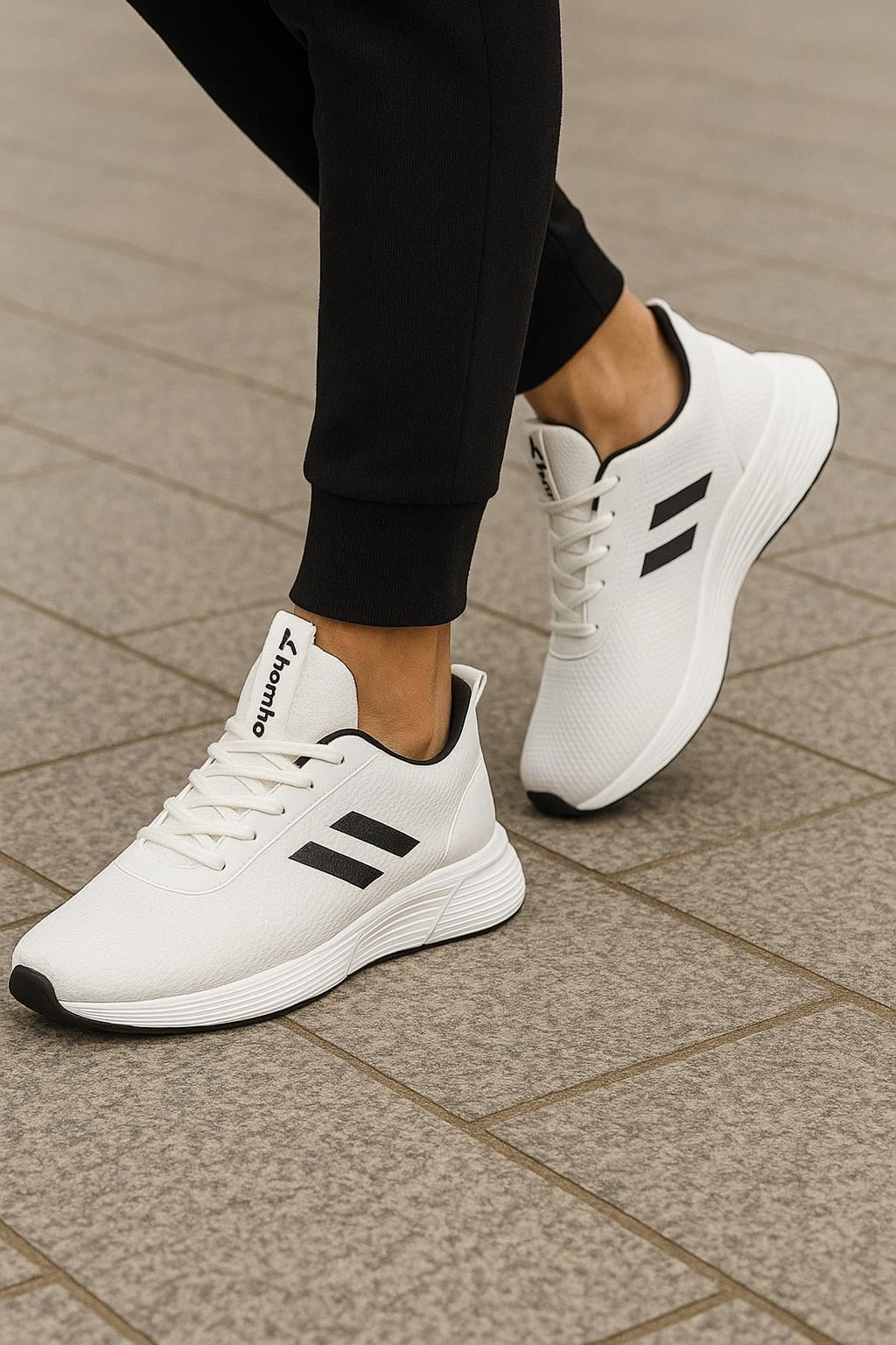 Unisex Bağcıklı Triko Poli Taban Spor Ayakkabı-Beyaz-Siyah