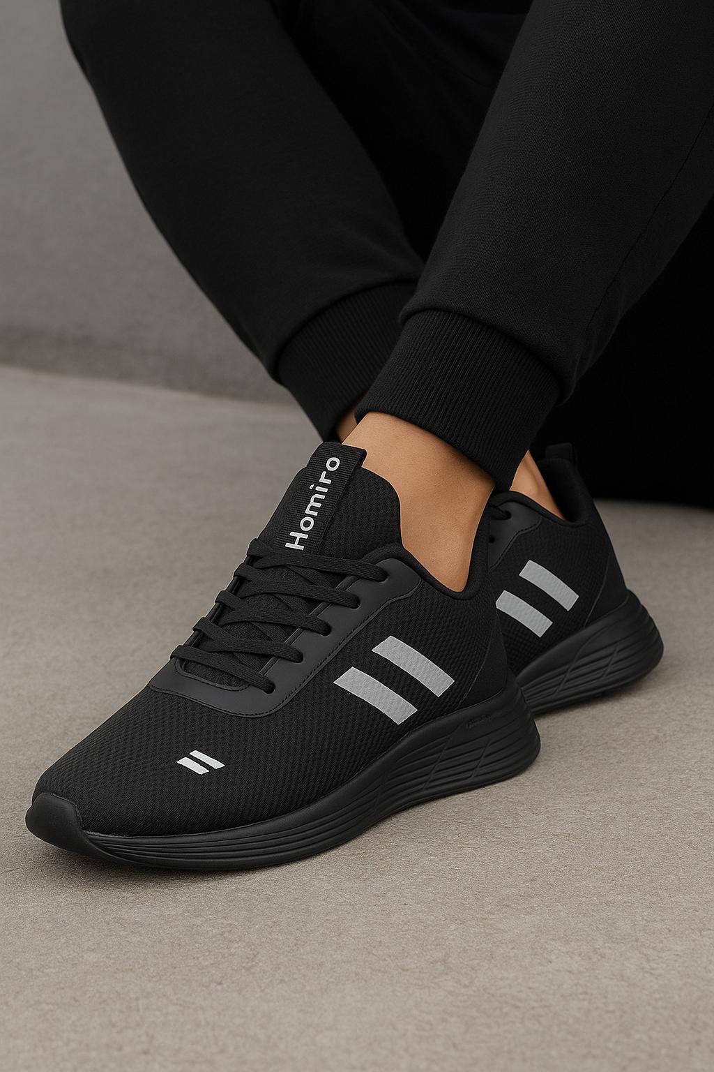 Unisex Bağcıklı Triko Poli Taban Spor Ayakkabı-Siyah-Füme