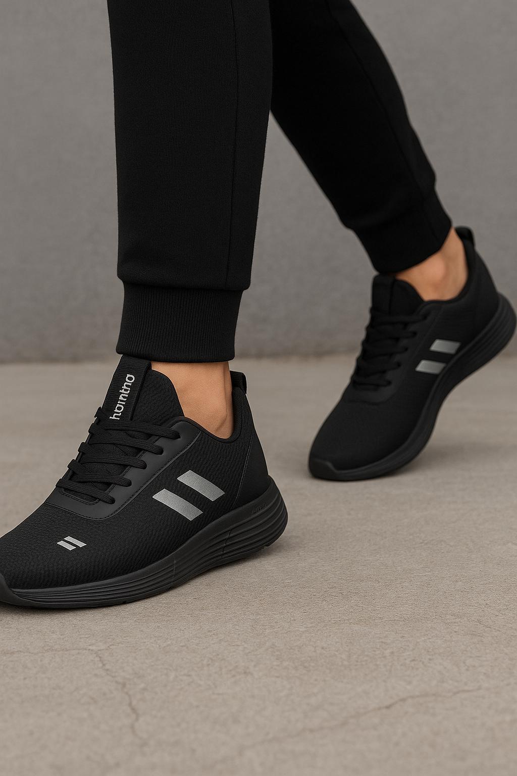 Unisex Bağcıklı Triko Poli Taban Spor Ayakkabı-Siyah-Füme