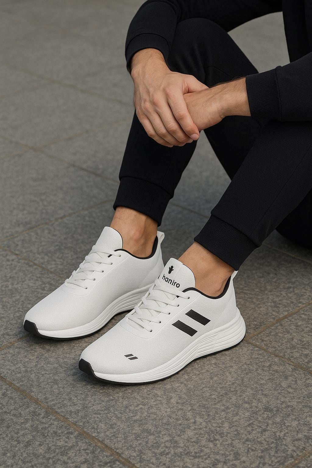 Unisex Bağcıklı Triko Poli Taban Spor Ayakkabı-Beyaz-Siyah