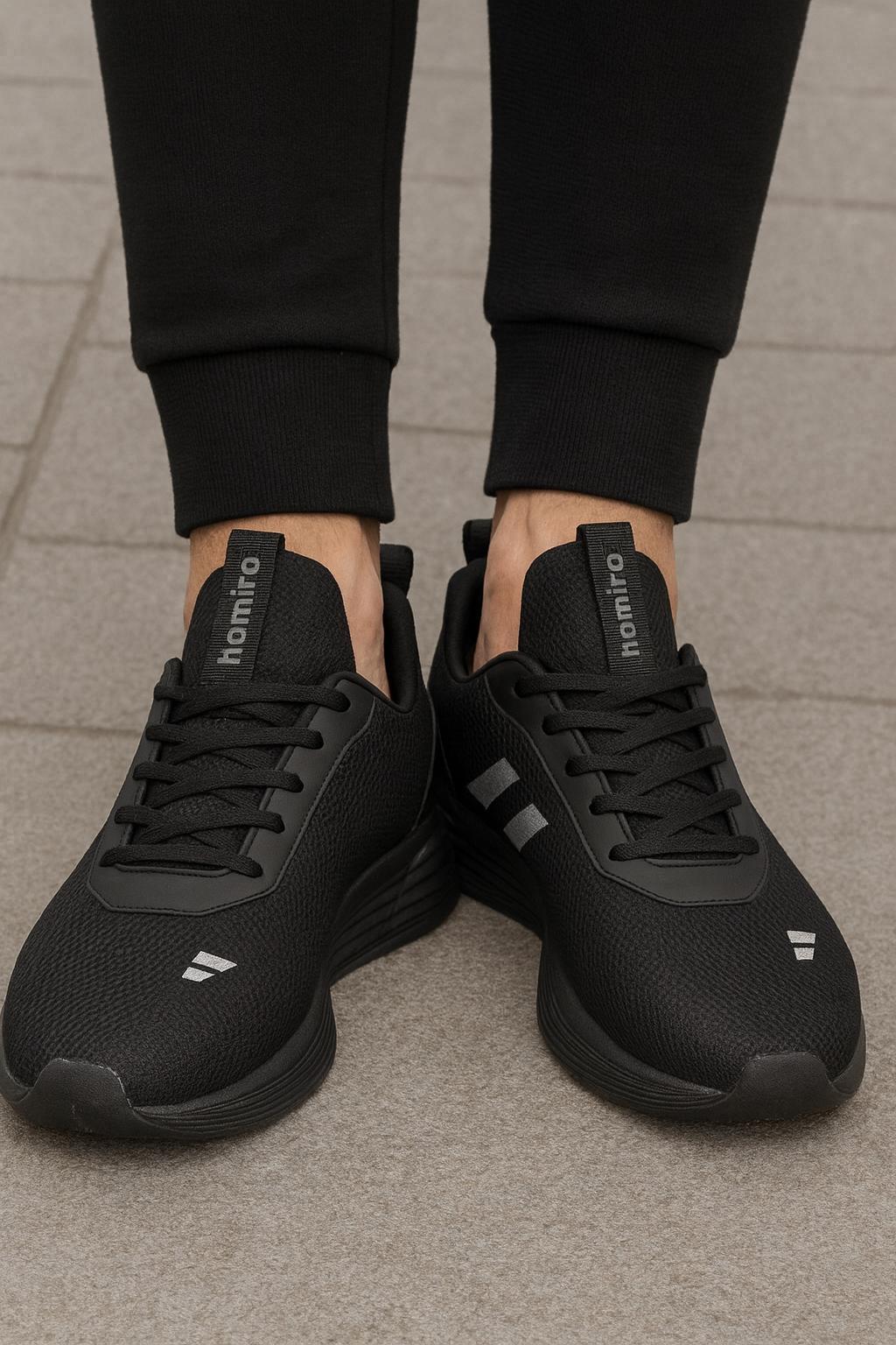 Unisex Bağcıklı Triko Poli Taban Spor Ayakkabı-Siyah-Füme