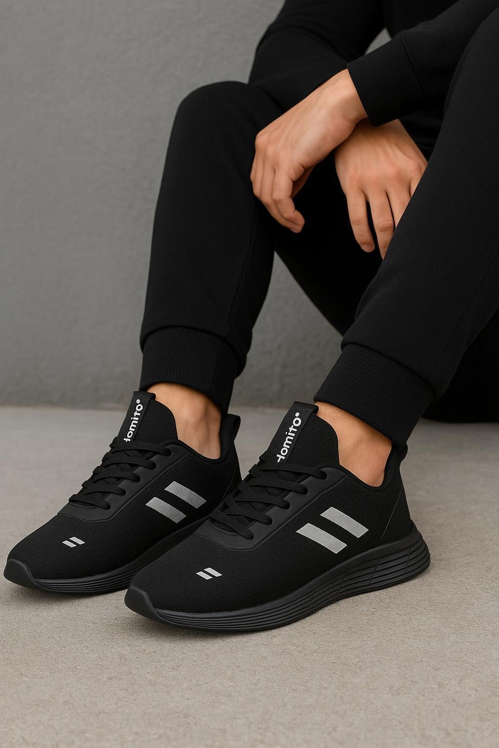 Unisex Bağcıklı Triko Poli Taban Spor Ayakkabı-Siyah-Füme