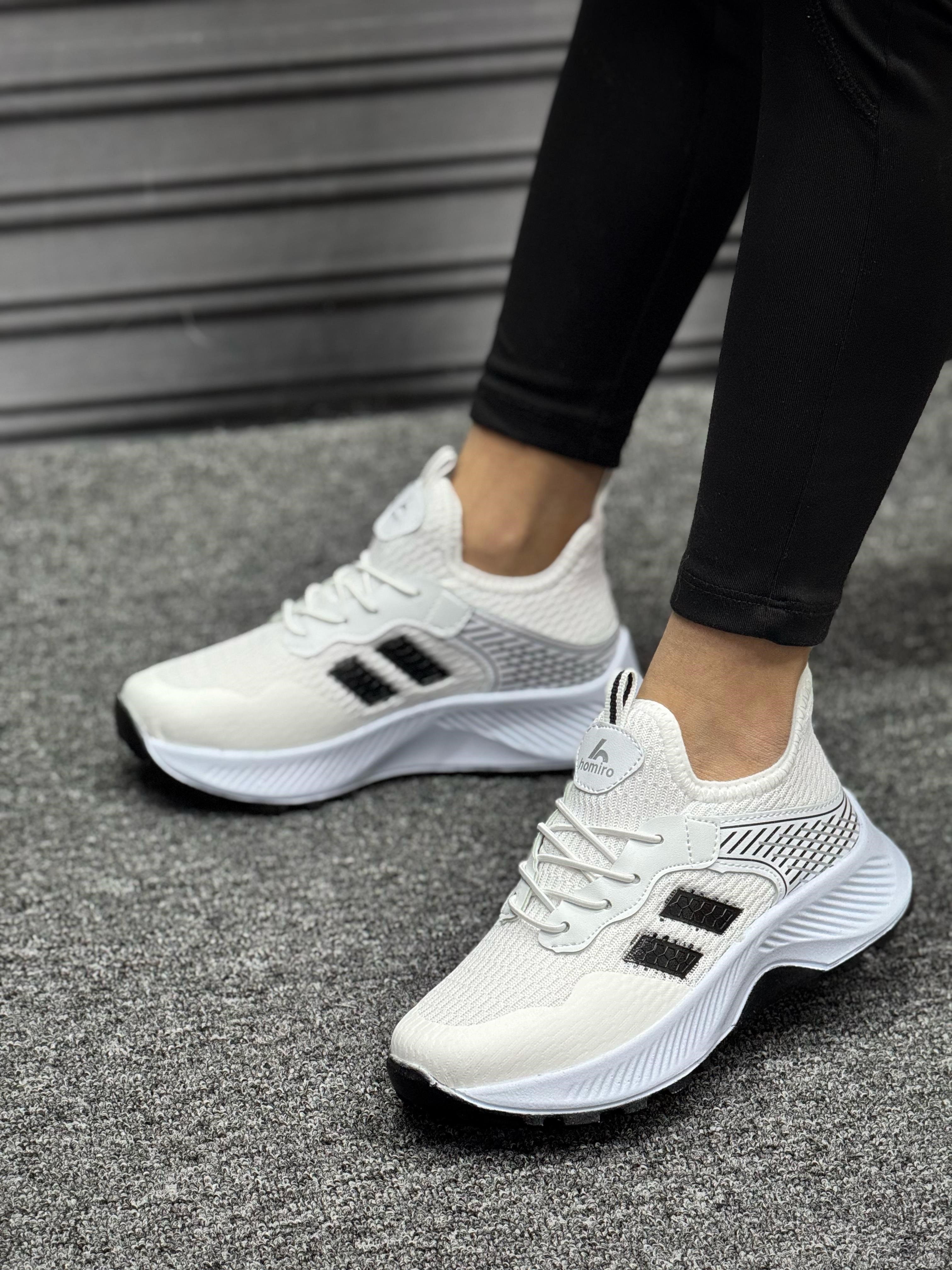 Unisex Bağcıklı Poli Taban Triko Spor Ayakkabı-Beyaz-Siyah