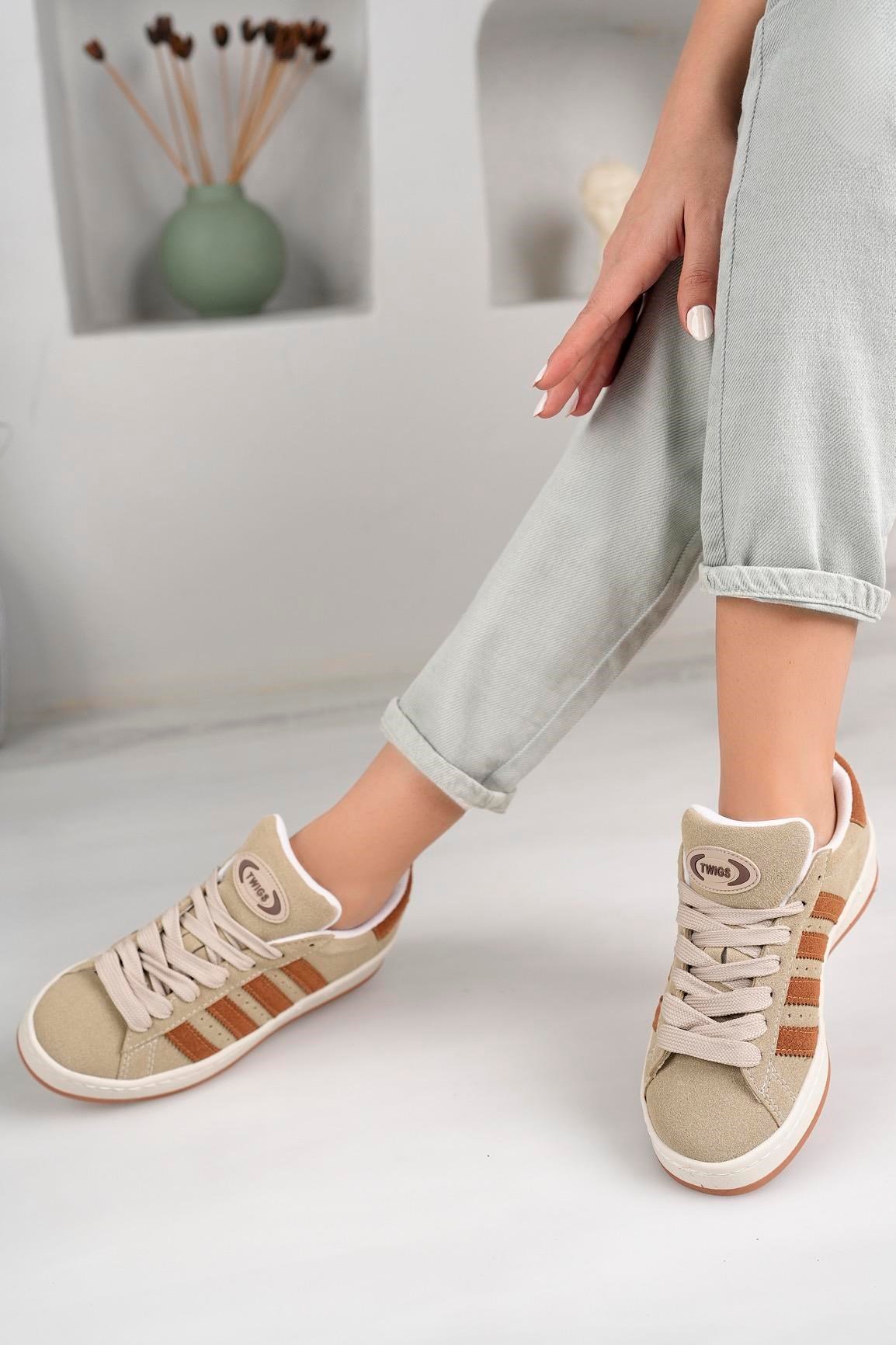 Kadın Unisex Klasik Bağcıklı Ortopedik Spor Sneaker Ayakkabı-Bej