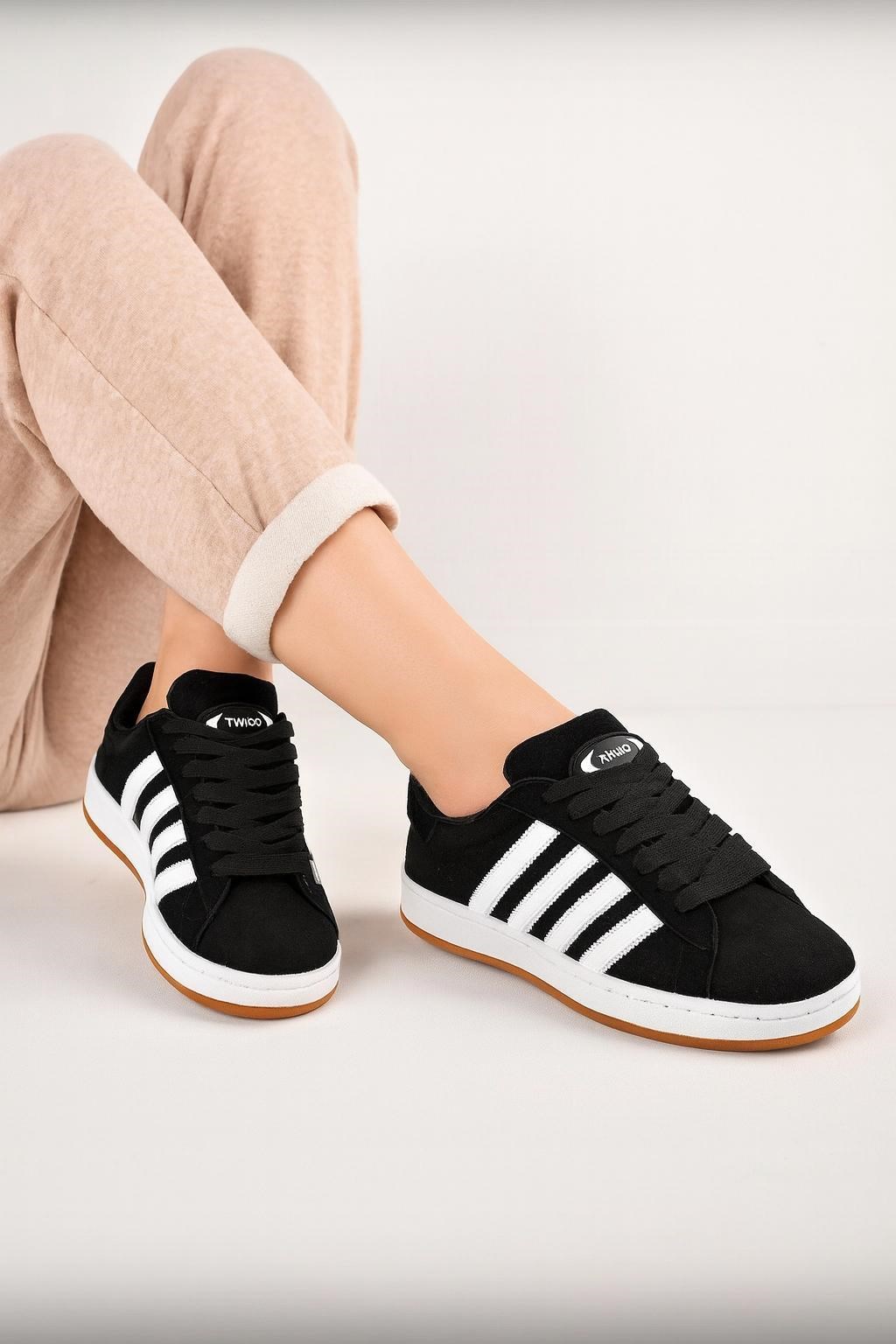 Kadın Unisex Klasik Bağcıklı Ortopedik Spor Sneaker Ayakkabı-Siyah-Beyaz