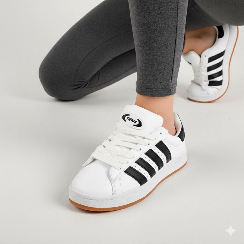 Kadın Unisex Klasik Bağcıklı Ortopedik Spor Sneaker Ayakkabı-Beyaz-Siyah