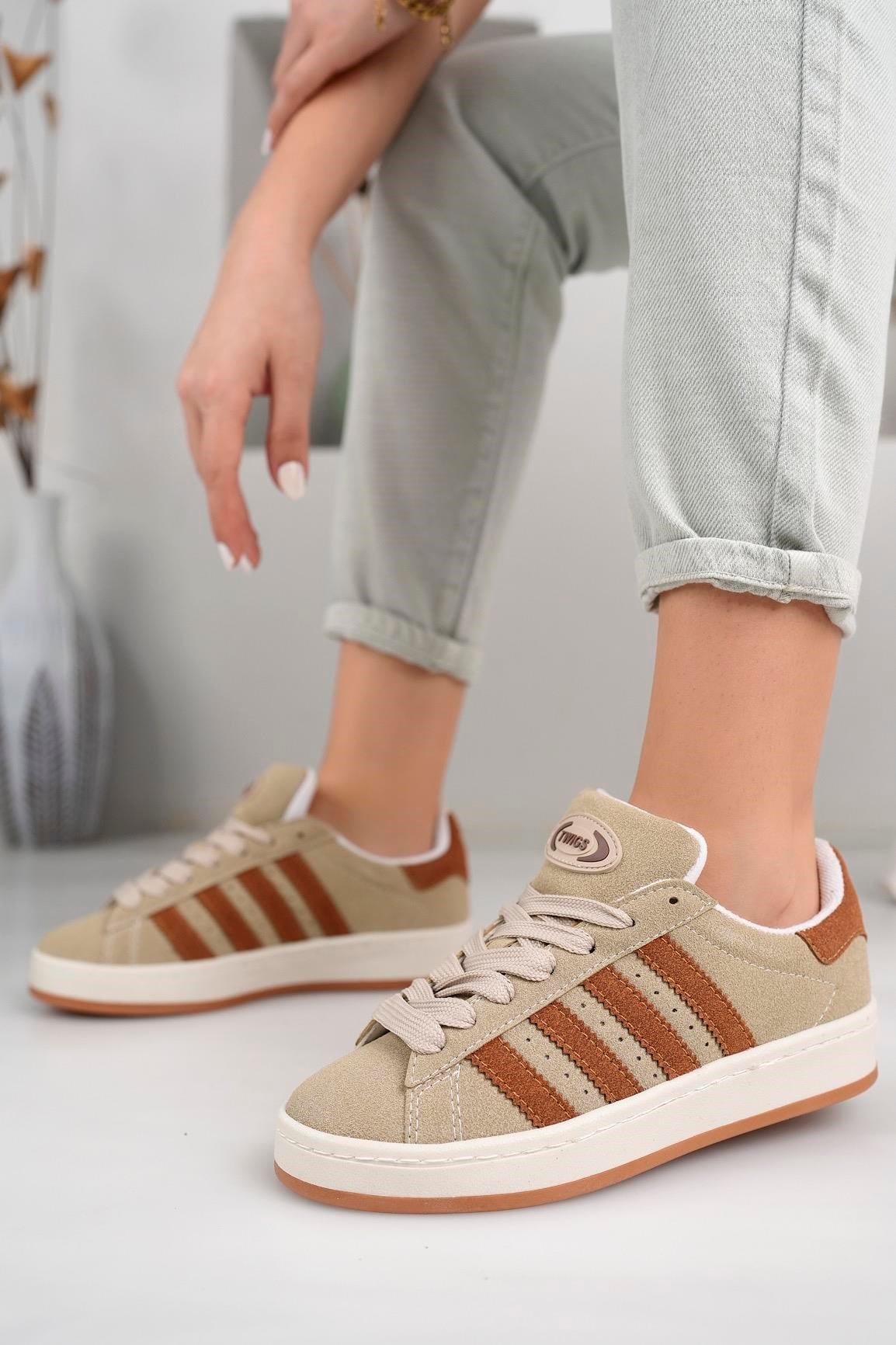 Kadın Unisex Klasik Bağcıklı Ortopedik Spor Sneaker Ayakkabı-Bej