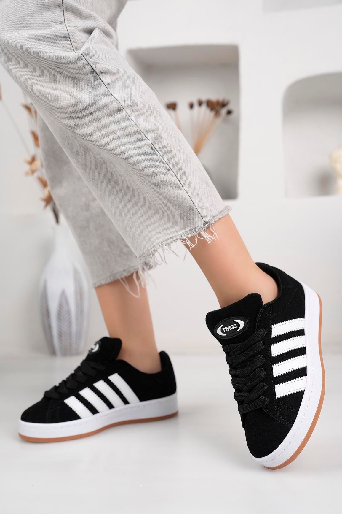 Kadın Unisex Klasik Bağcıklı Ortopedik Spor Sneaker Ayakkabı-Siyah-Beyaz