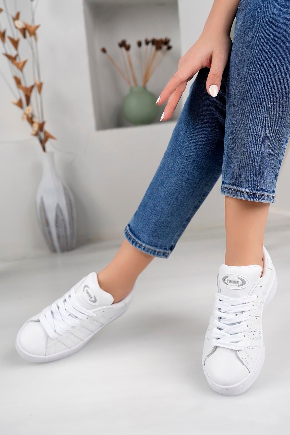 Kadın Unisex Klasik Bağcıklı Ortopedik Spor Sneaker Ayakkabı-Beyaz