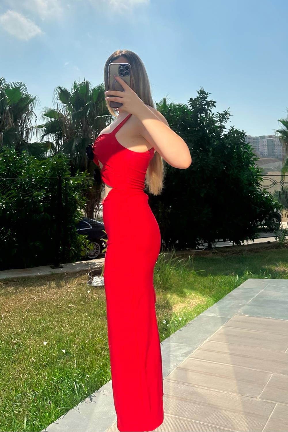 Flame Gül Detaylı Dekolte Elbise