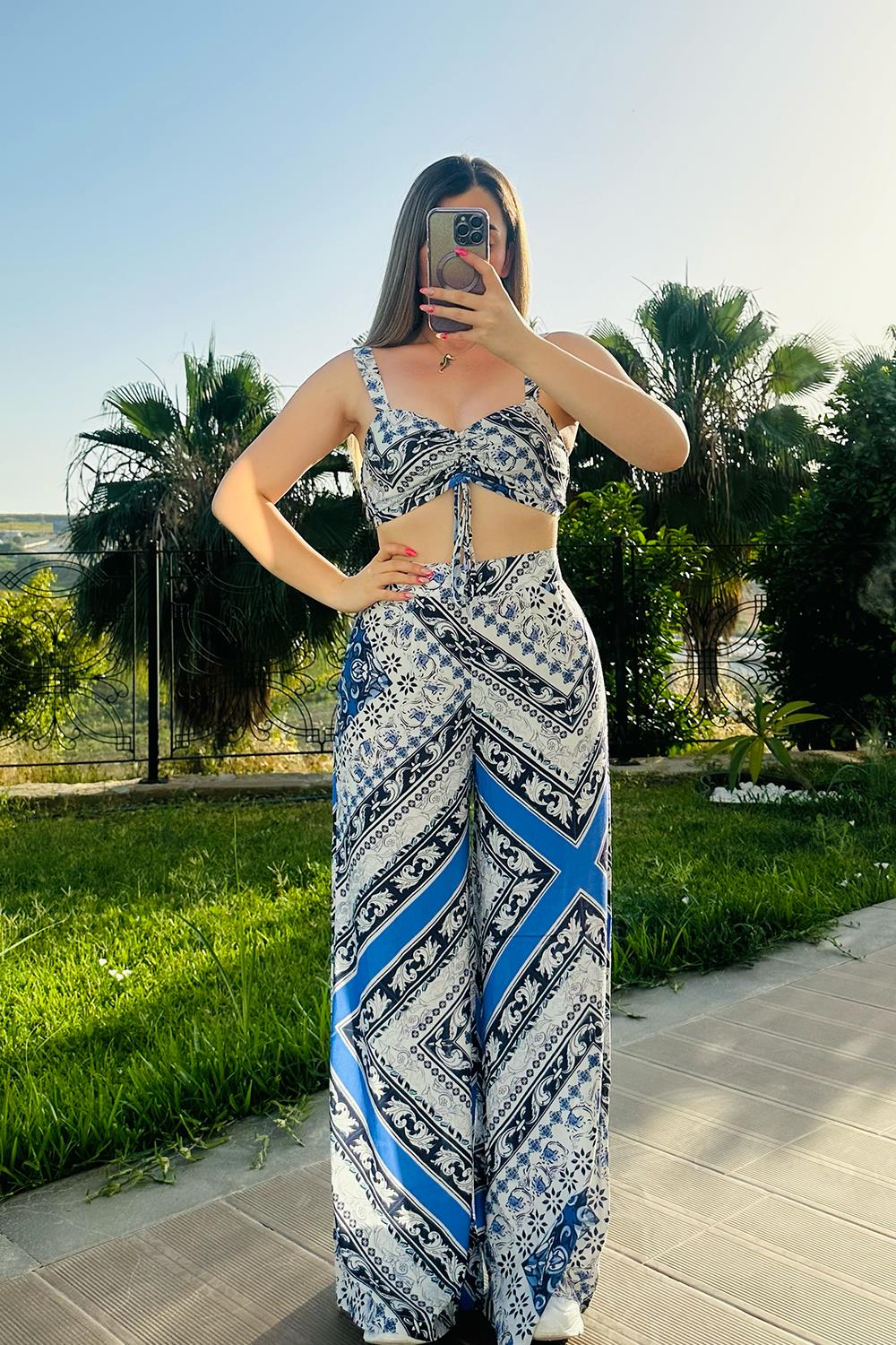 İnizio Desenli Crop-Pantolon Takım