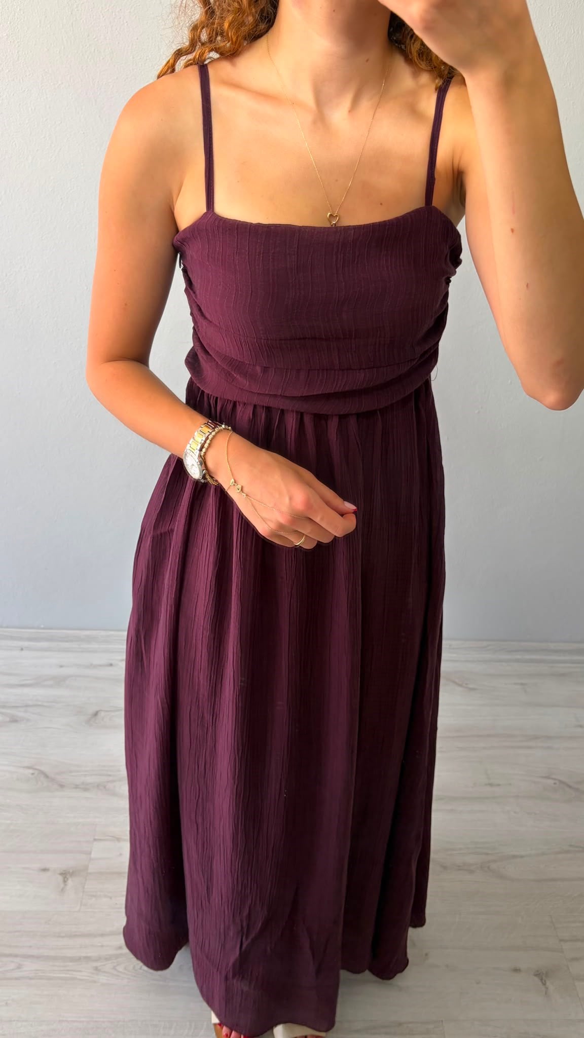 Ayarlanabilir Askı Önü Drape Detaylı Astarlı Maxi Elbise - Mürdüm