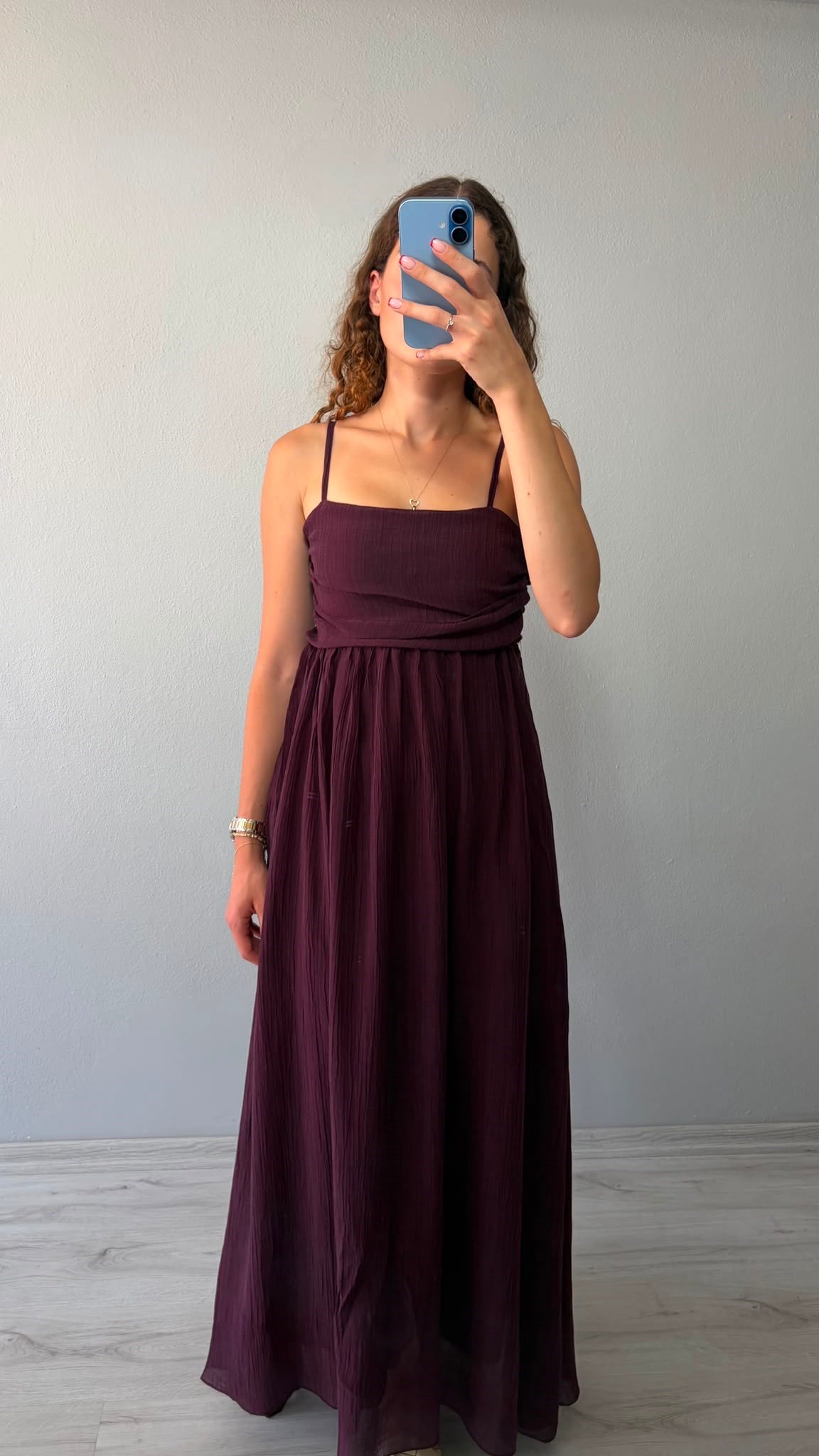 Ayarlanabilir Askı Önü Drape Detaylı Astarlı Maxi Elbise - Mürdüm
