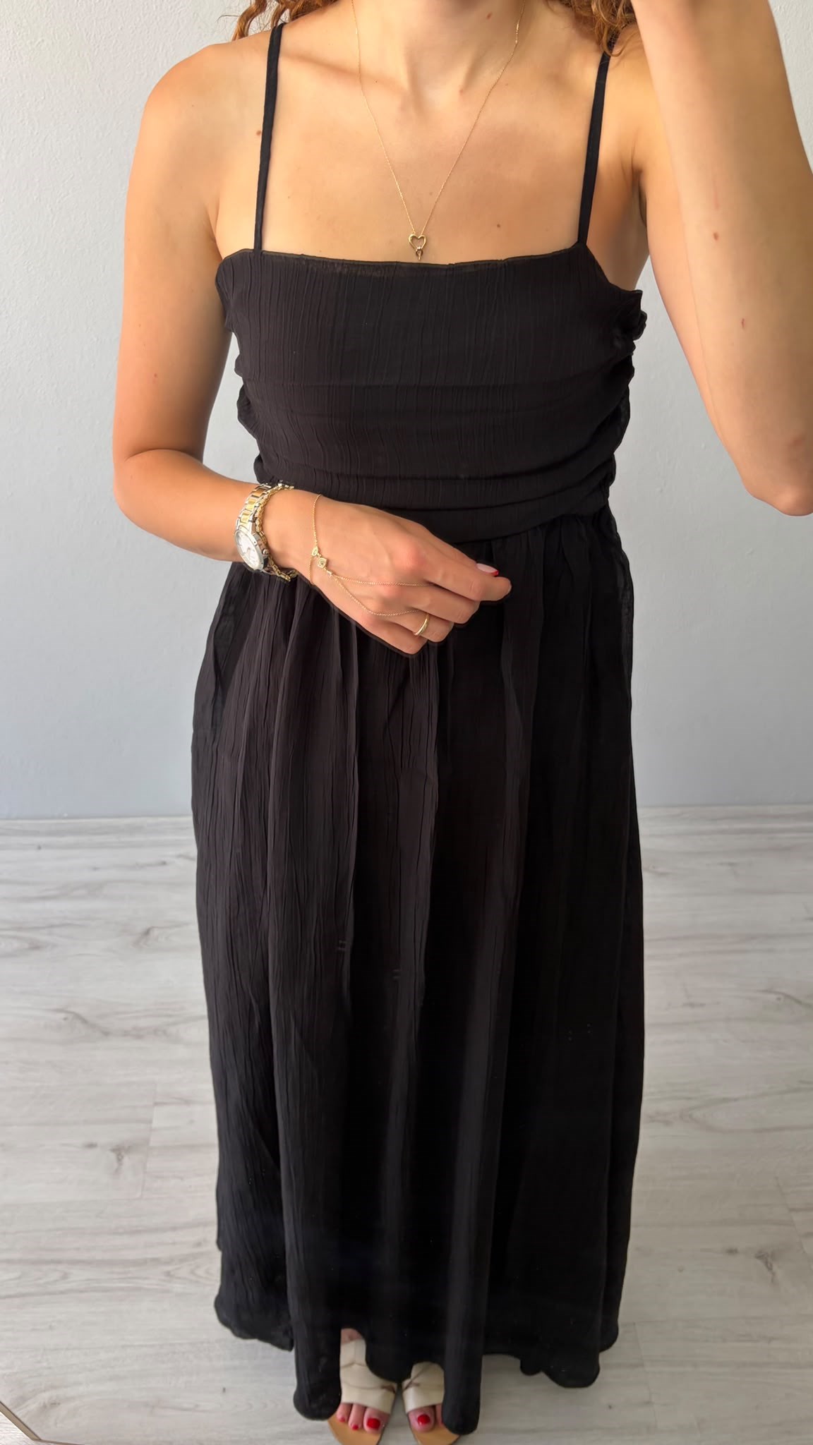 Ayarlanabilir Askı Önü Drape Detaylı Astarlı Maxi Elbise - Siyah