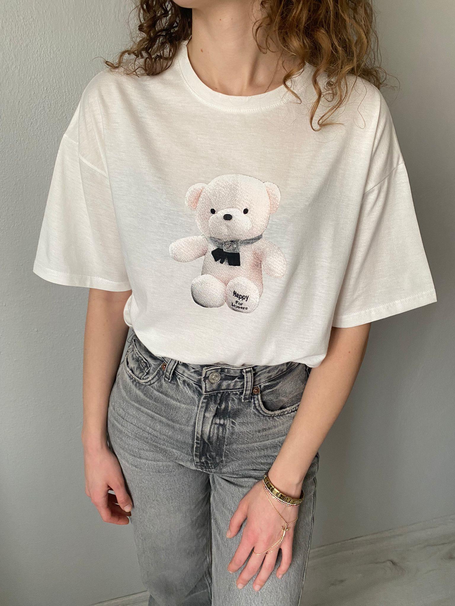 Ayıcık Baskılı Basic Tshirt Beyaz