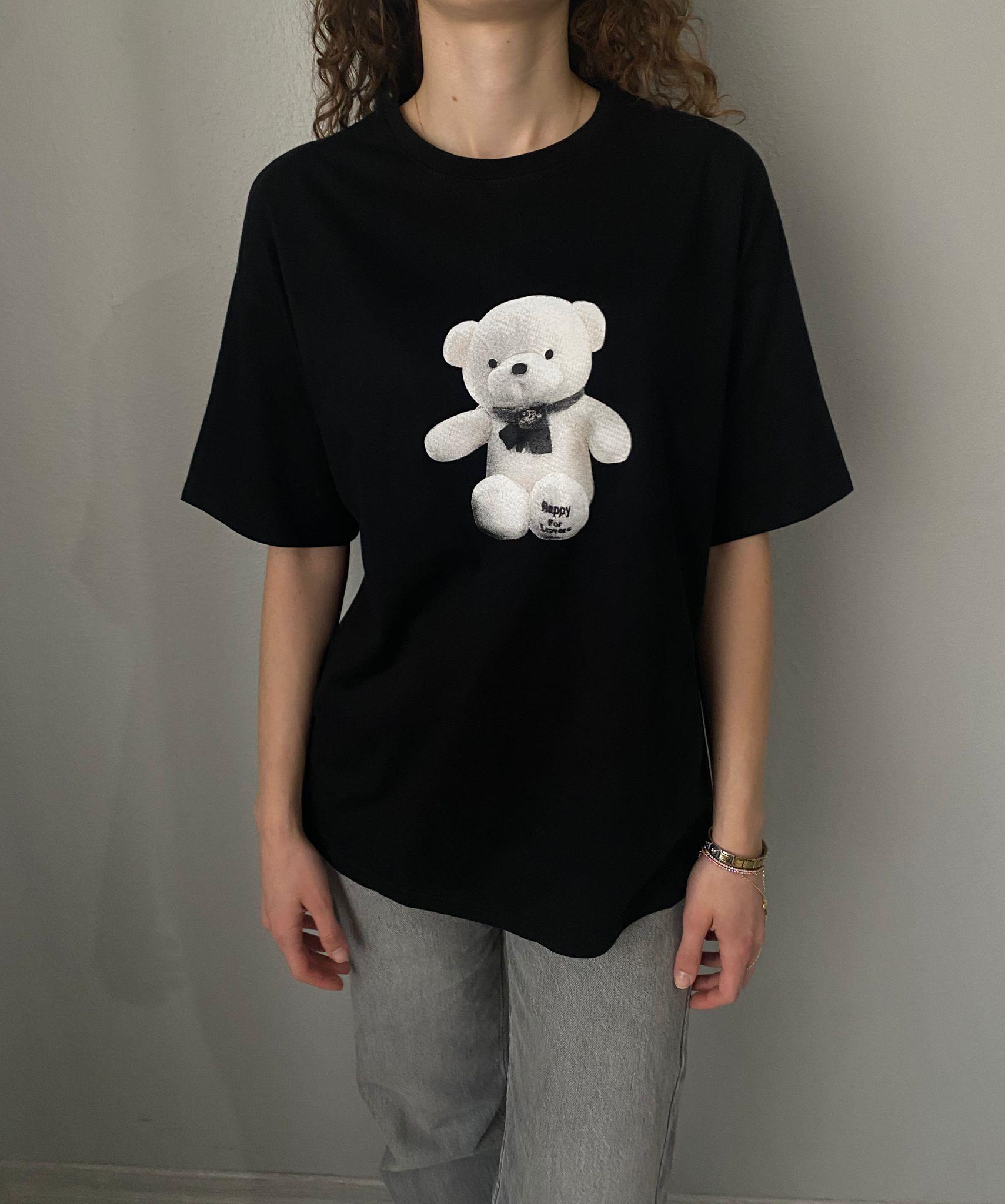 Ayıcık Baskılı Basic Tshirt Beyaz