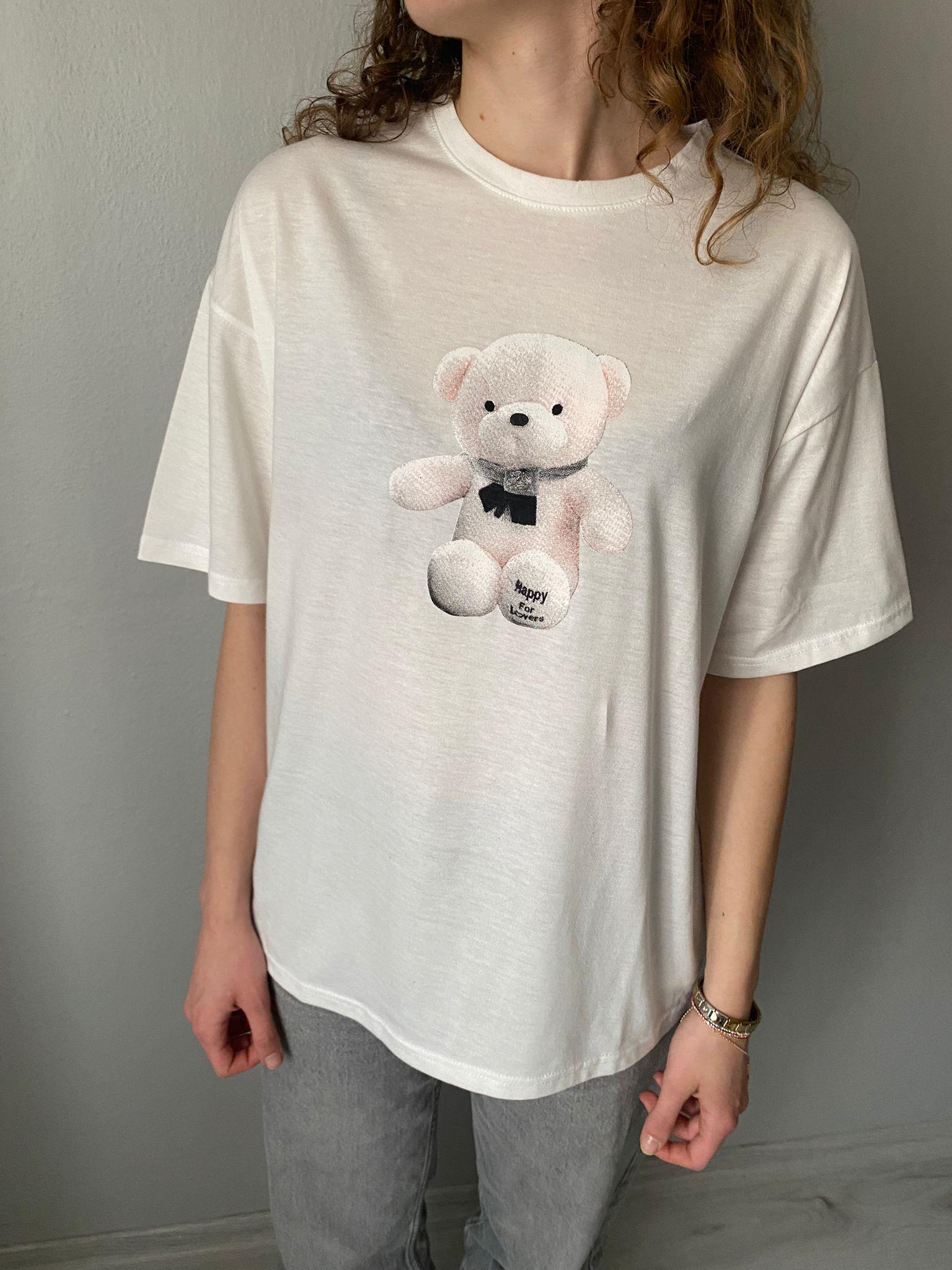 Ayıcık Baskılı Basic Tshirt Beyaz