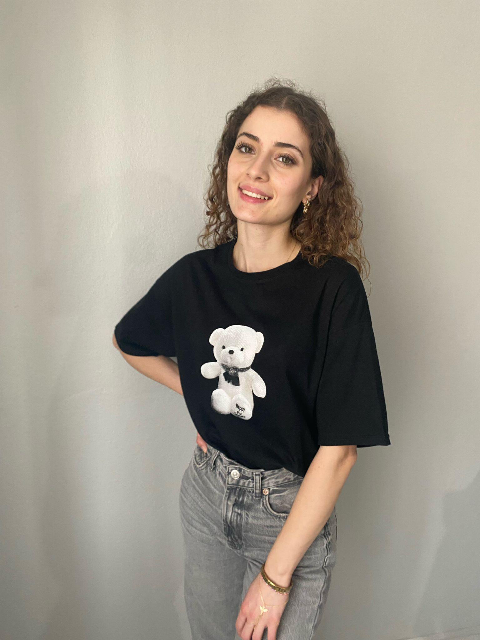 Ayıcık Baskılı Basic Tshirt Beyaz