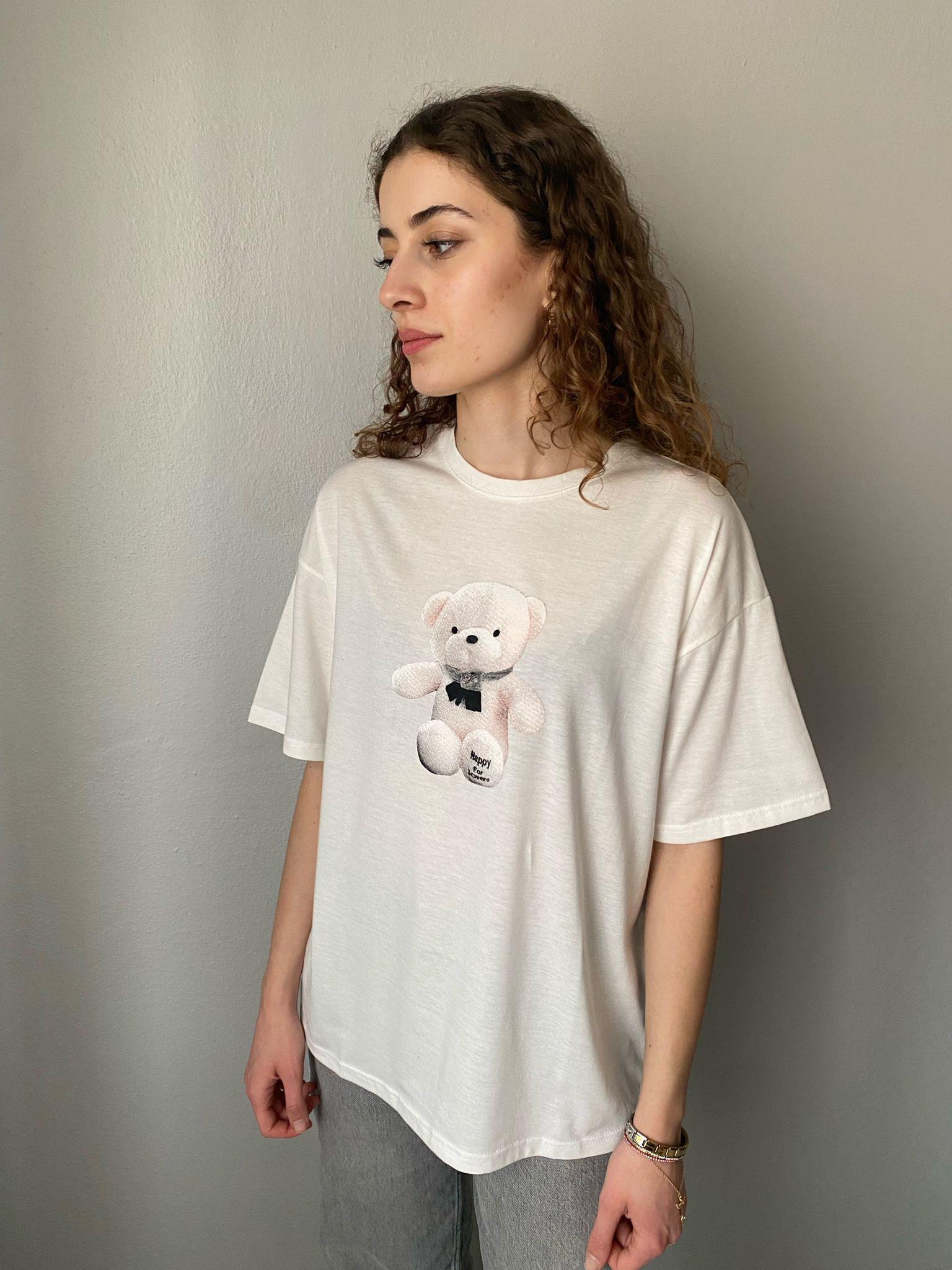 Ayıcık Baskılı Basic Tshirt Beyaz