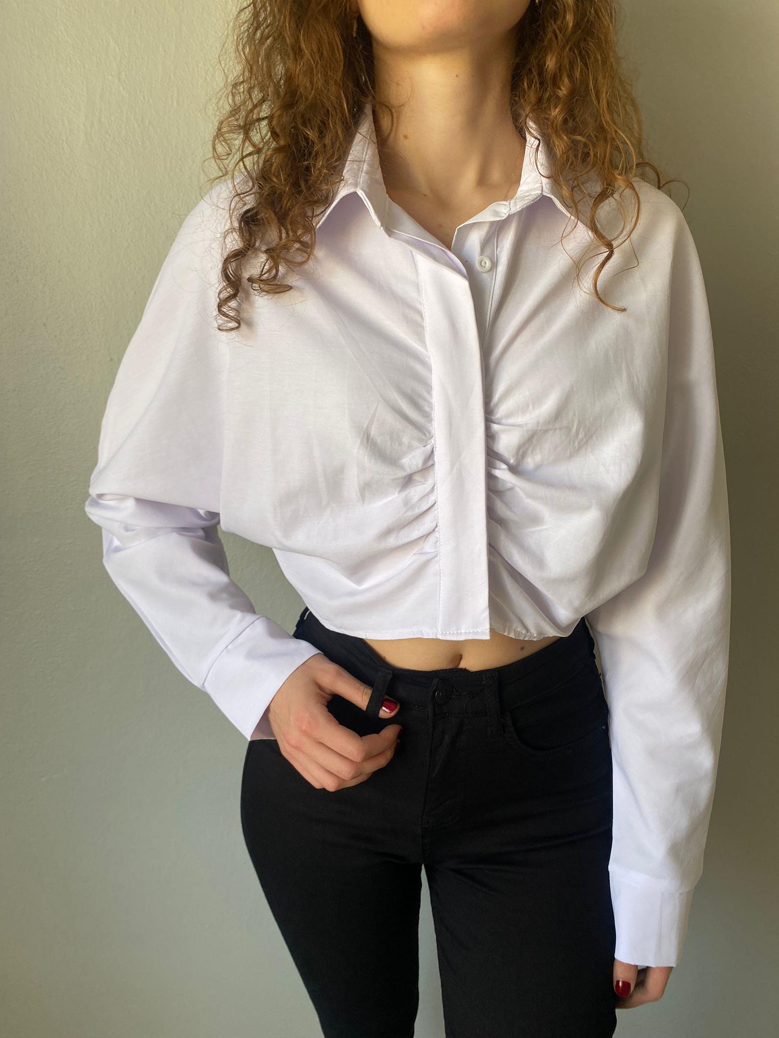 Beyaz Büzgülü Crop Popln Gömlek