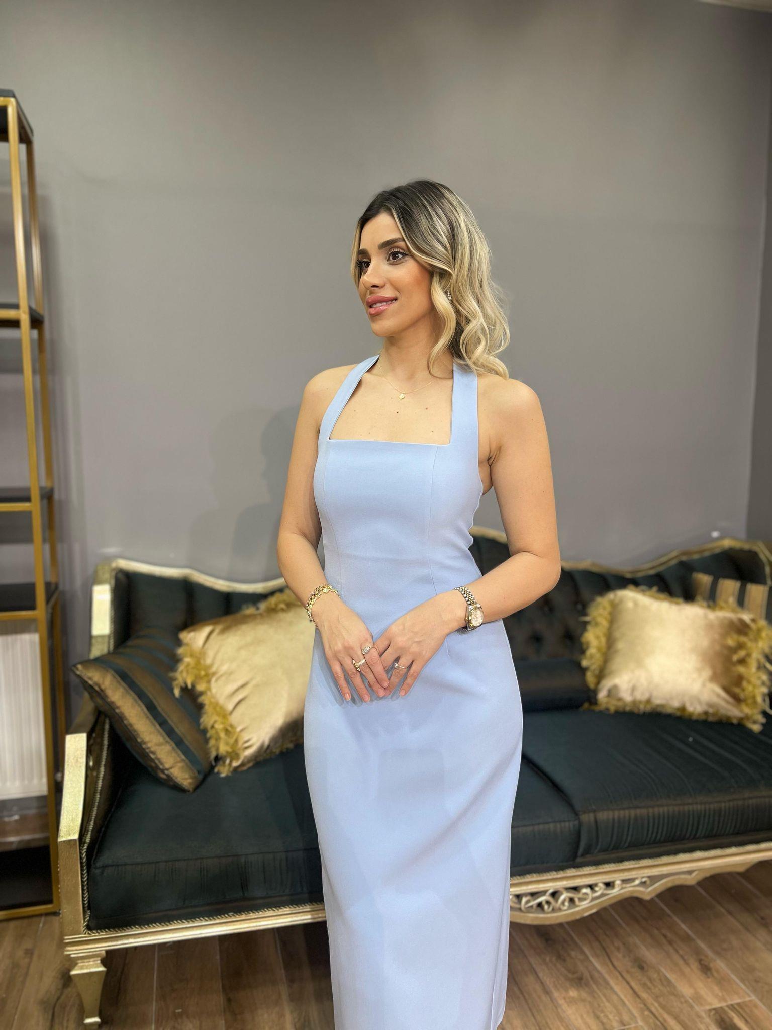 Boyun Askılı Sırtı Açık Midi Boy Elbise Bebe Mavisi