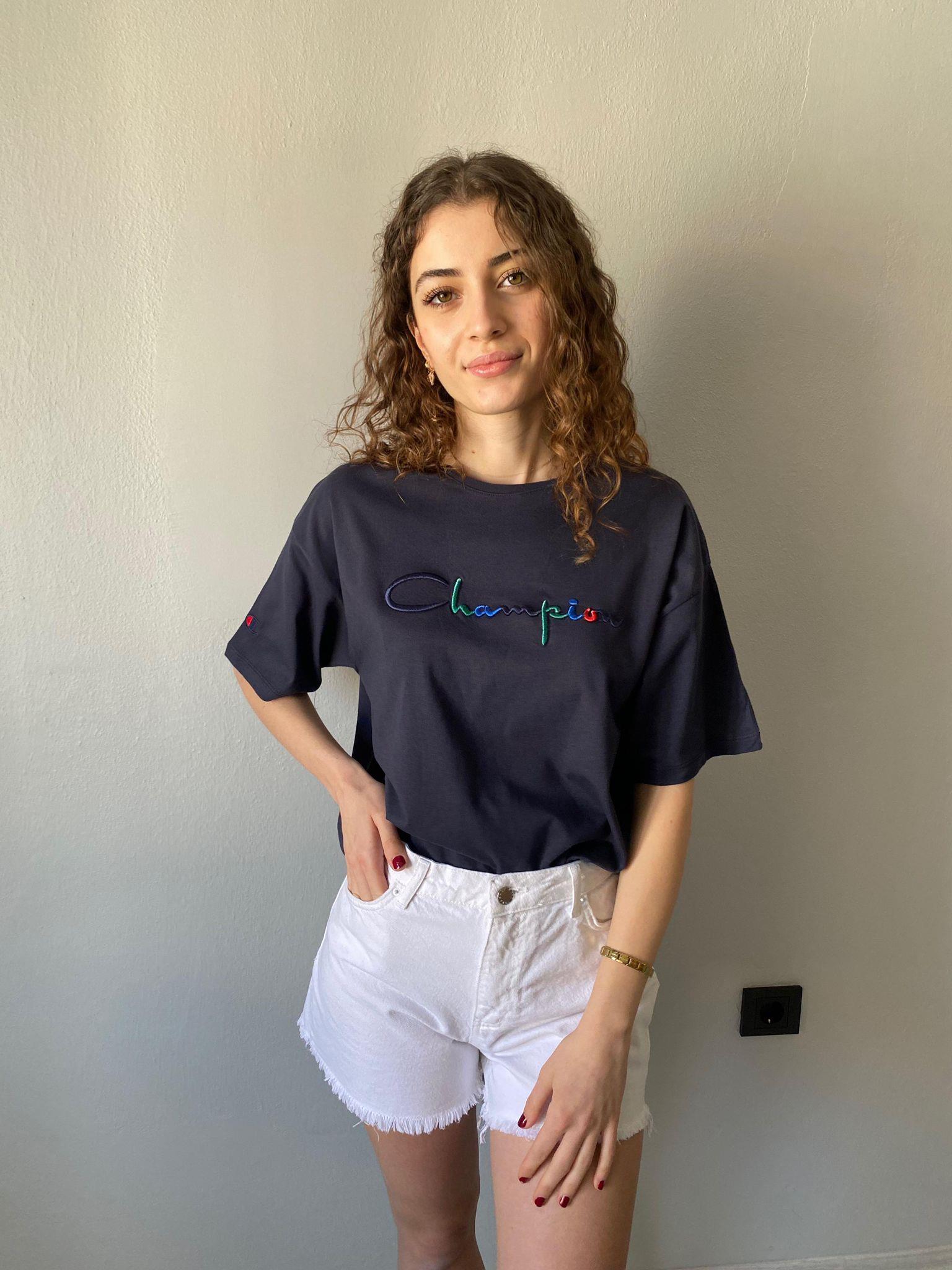 Champion Nakışlı Basic Tshirt Lacivert
