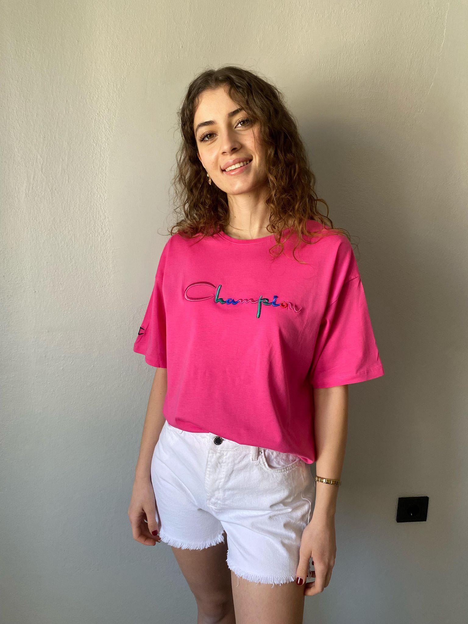 Champion Nakışlı Basic Tshirt Pembe