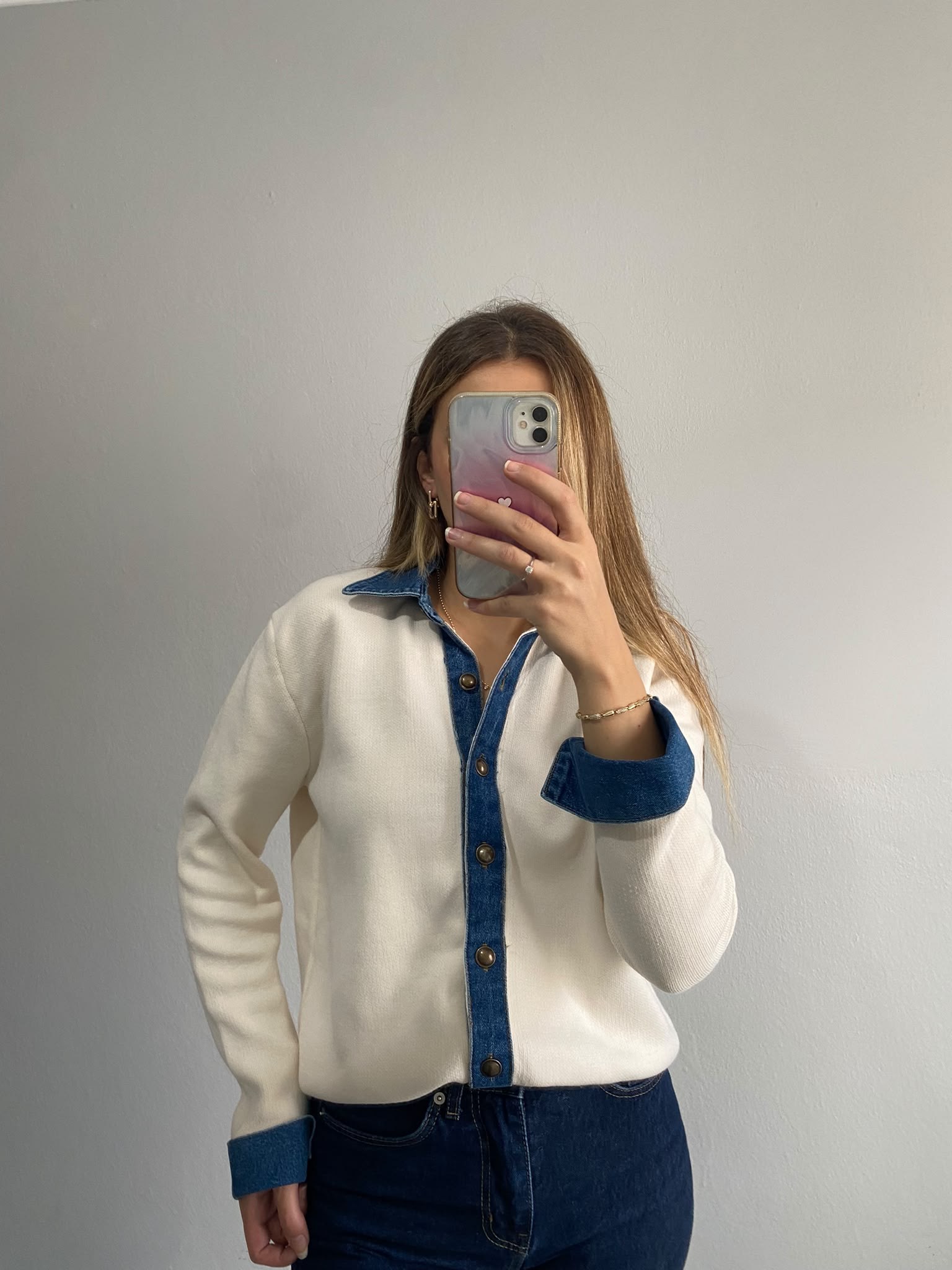 Denim Detaylı Çelik Hırka - Beyaz
