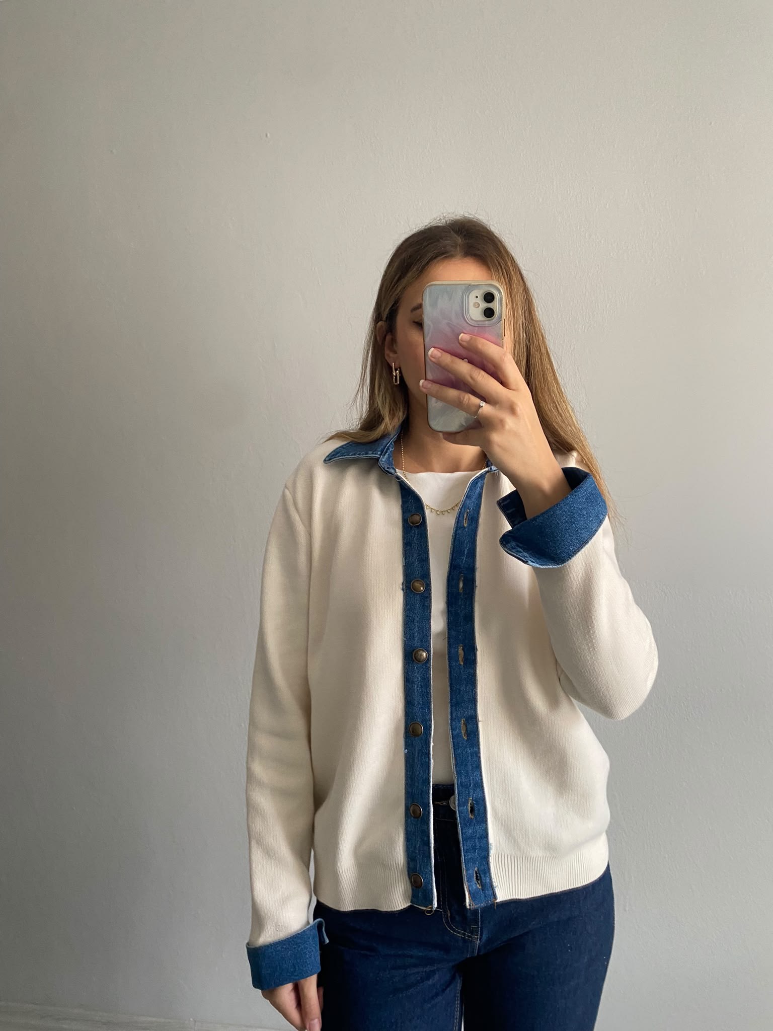 Denim Detaylı Çelik Hırka - Beyaz