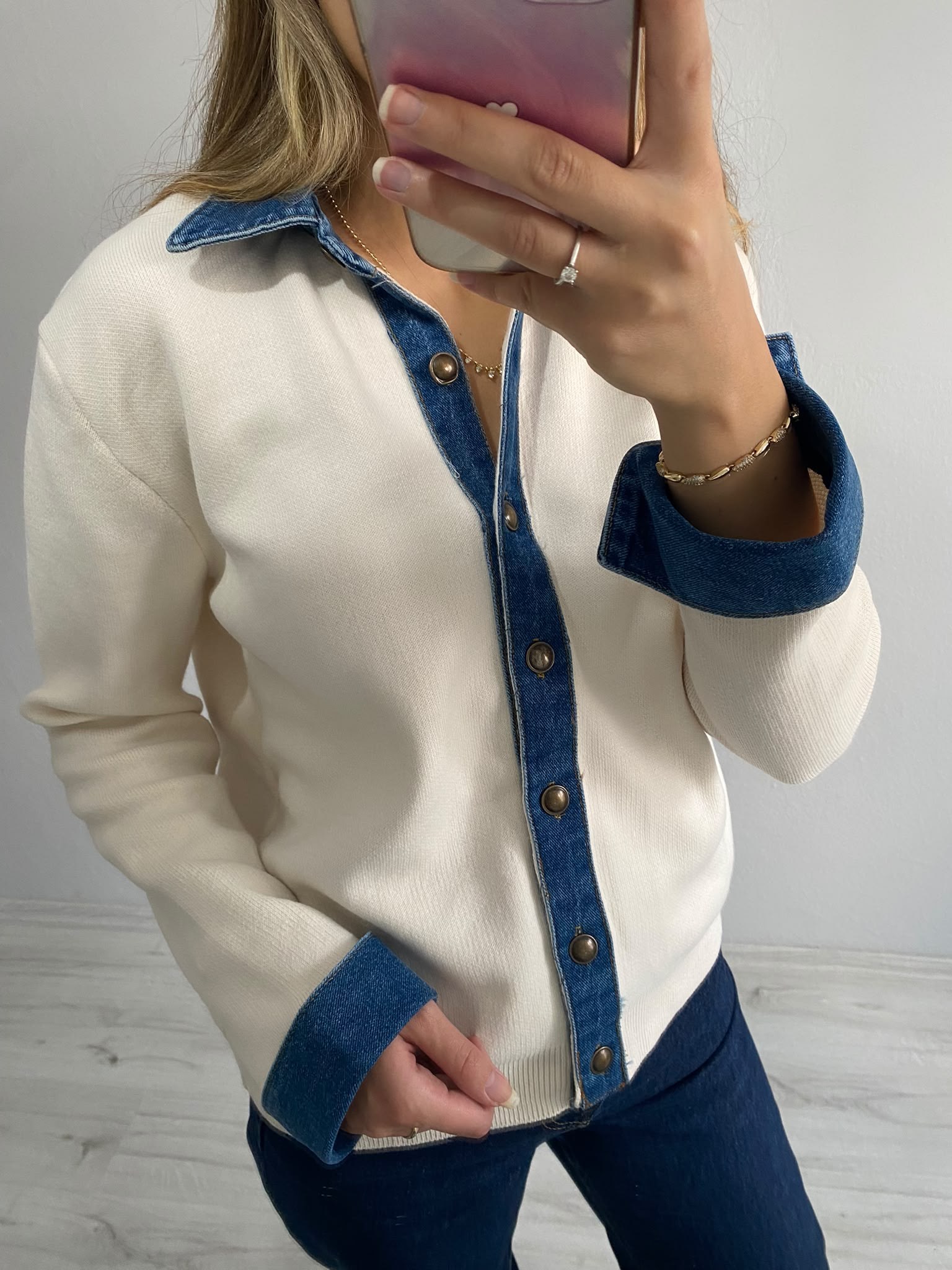 Denim Detaylı Çelik Hırka - Beyaz