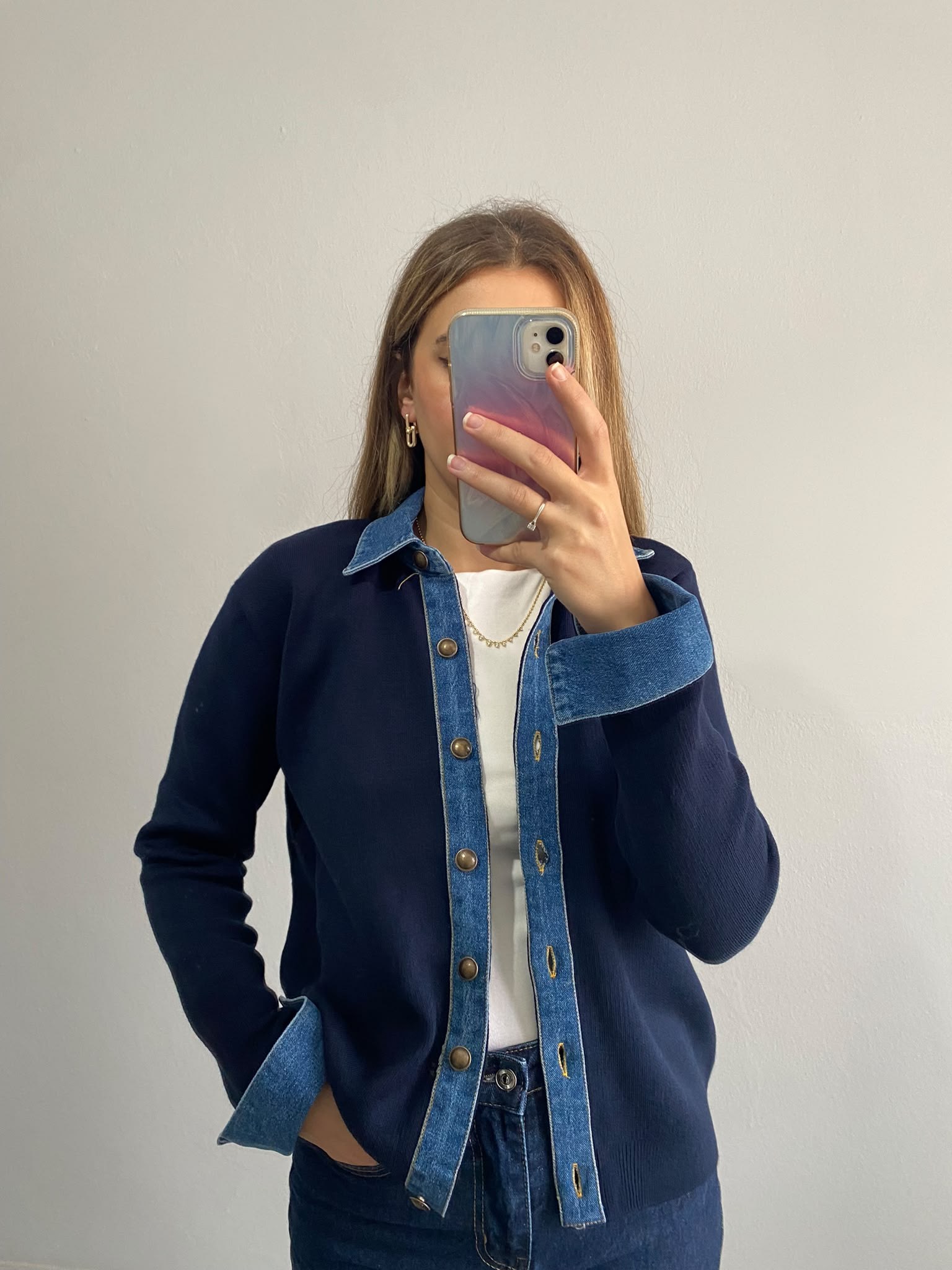 Denim Detaylı Çelik Hırka - Lacivert