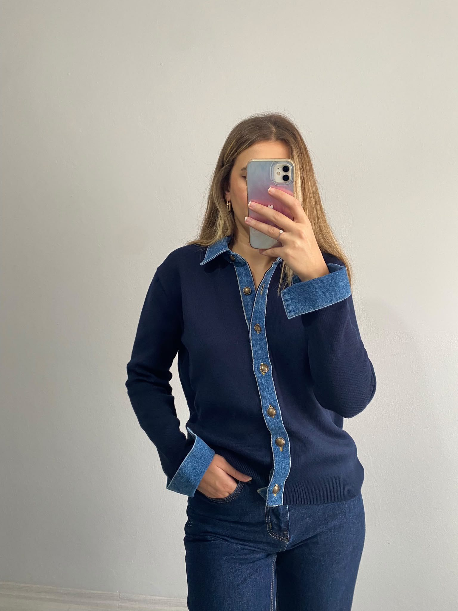 Denim Detaylı Çelik Hırka - Lacivert