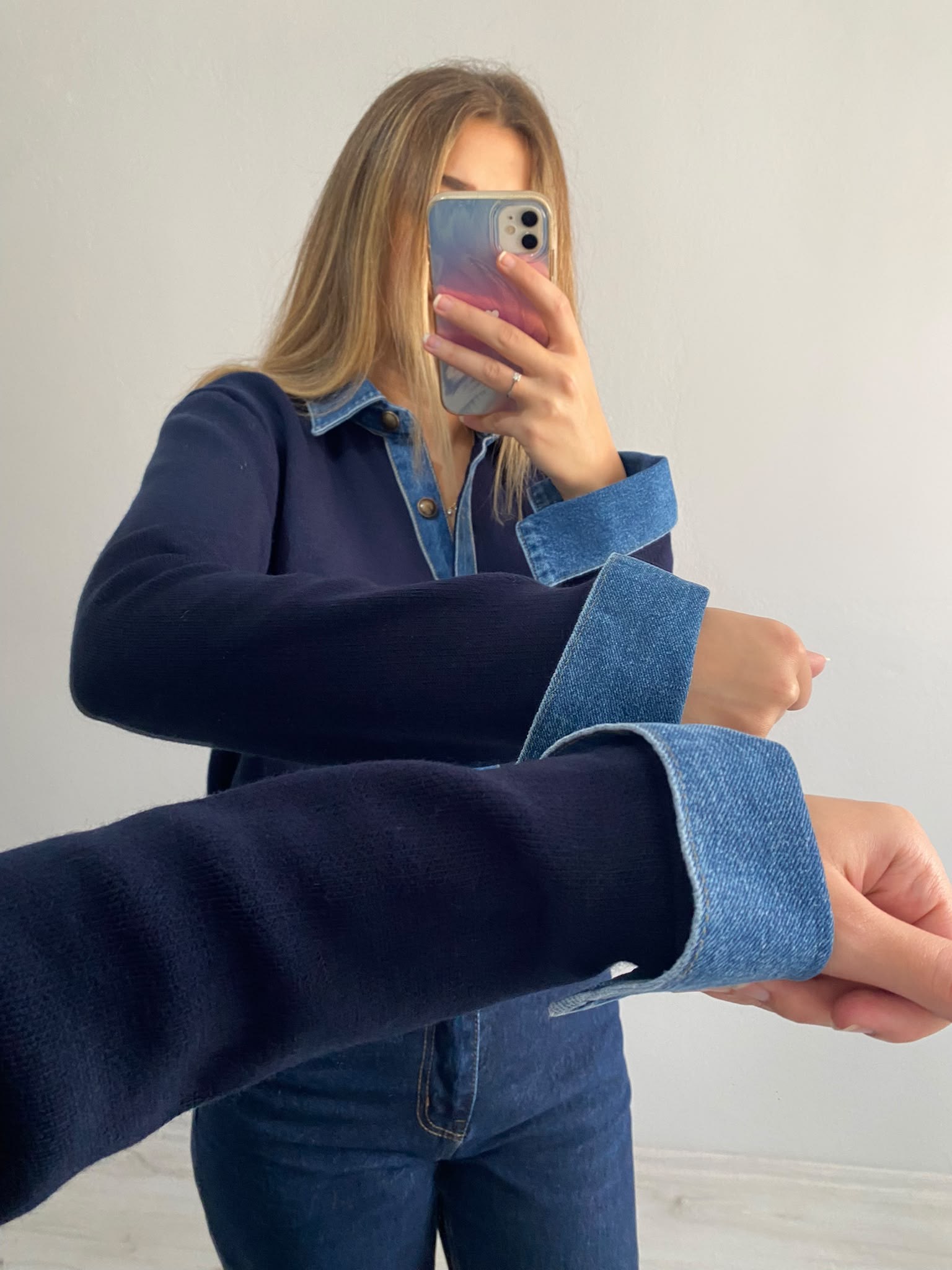Denim Detaylı Çelik Hırka - Lacivert